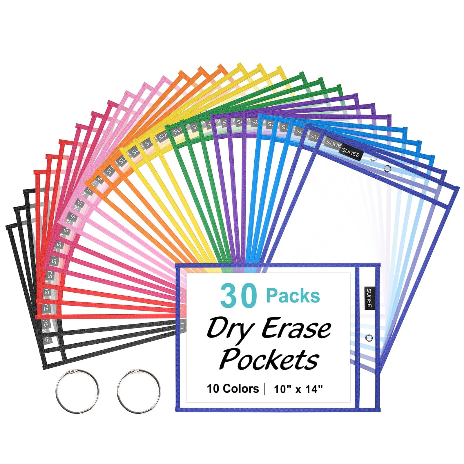 SUNEE 30 Packs Oversized Reusable Dry Erase Pocket Sleeves with 2 Rings, 10 Assorted Colors 10x14 Ticket Holders, Clear Plastic Sheet Protectors, Teacher School Classroom Supplies