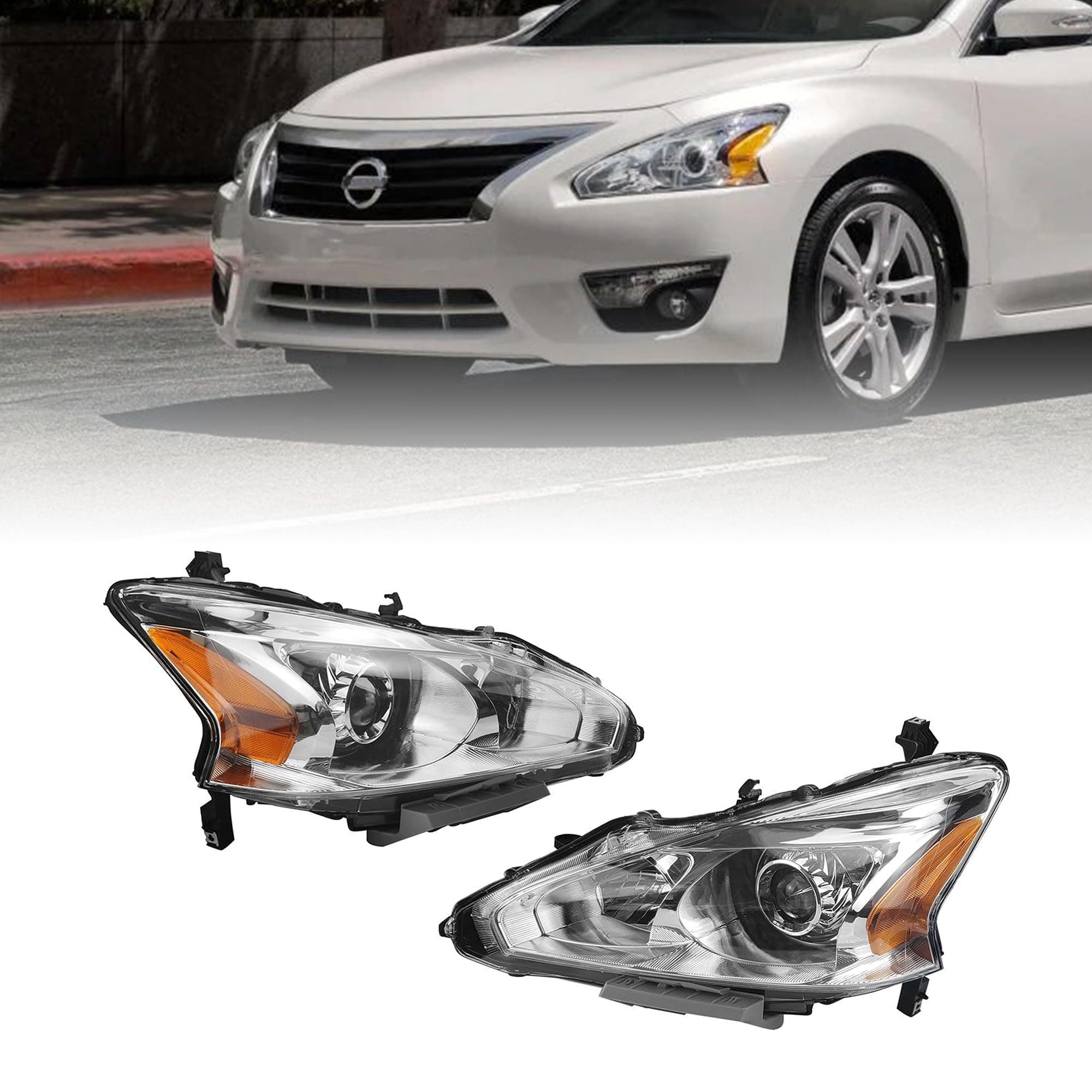 PartsFlow 2PCS Halogen Headlight Assembly Chrome Housing Headlamp Left And Right Without Bulb For 2013 2014 2015 Nissan Altima 13 14 15 Nissan Altima