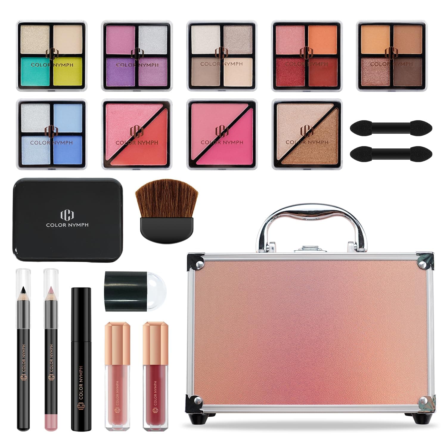 Color Nymph Beginner Makeup Kits For Teens With Train Case Included Full Makeup Kit Eyeshadow Palette Blushes Bronzer Highlighter Lipstick Brushes Mirror(Gold)
