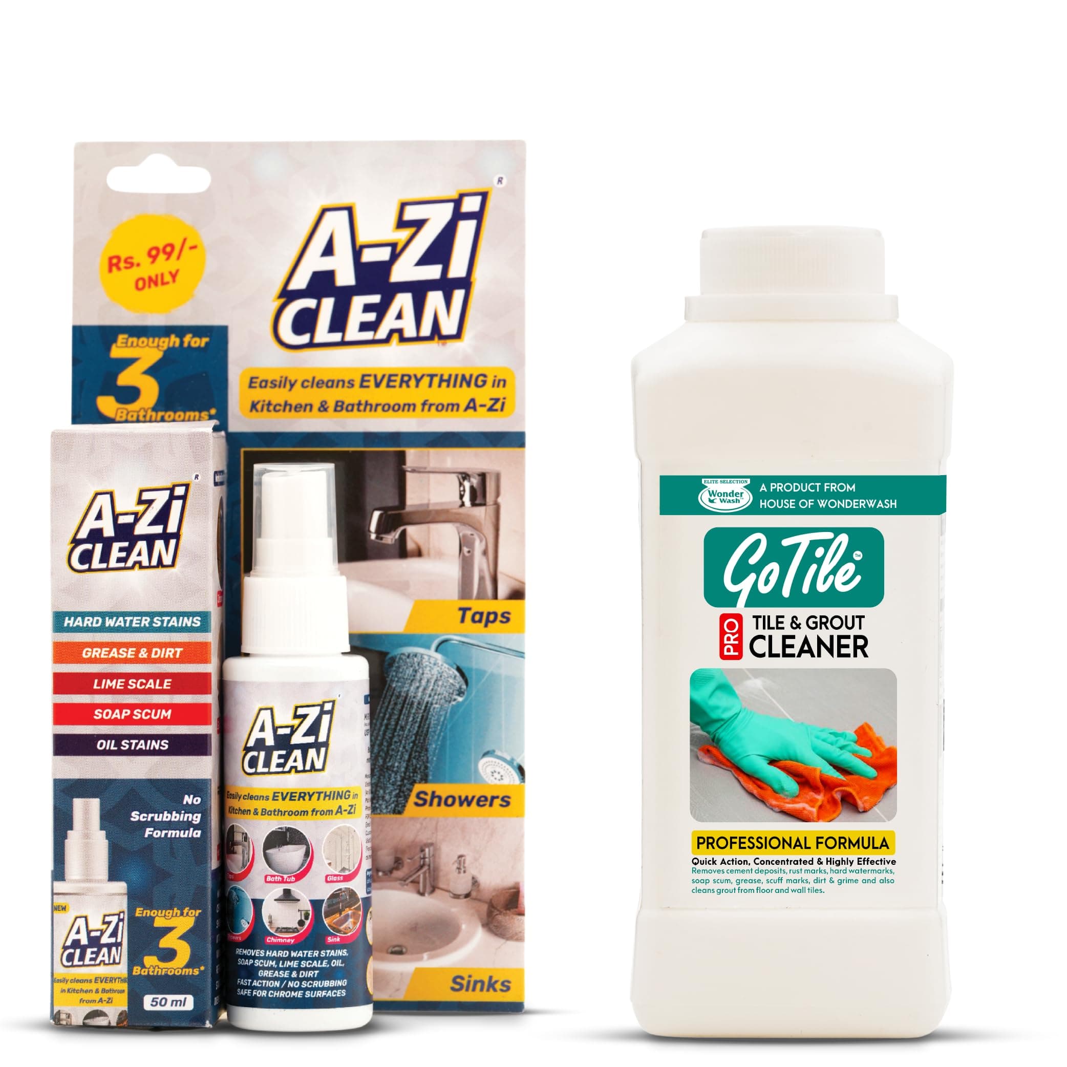 Bathroom Deep Cleaning Combo | A-Zi Clean 50ml & GoTile Pro 500ml | A-Zi Cleans Taps, Bathtubs, Sinks & Shower | Gotile Removes Hard Water Stains, Limescale, Cement, Grease & Grime | Restores Shine