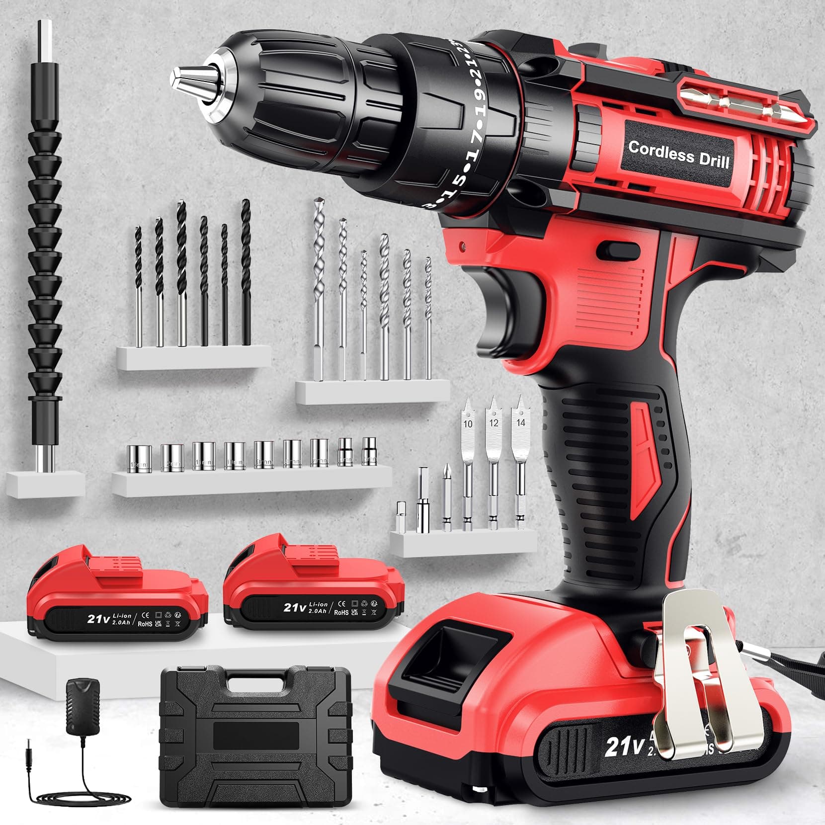 Cordless Drill Driver 21V, Cordless Hammer Drill with 2 Batteries 2000mAh, 25+3 Torque, 42N.m Max Electric Dril-l, 30PCS Drill Bits 2 Speed, LED Light for Home and Garden DIY Project