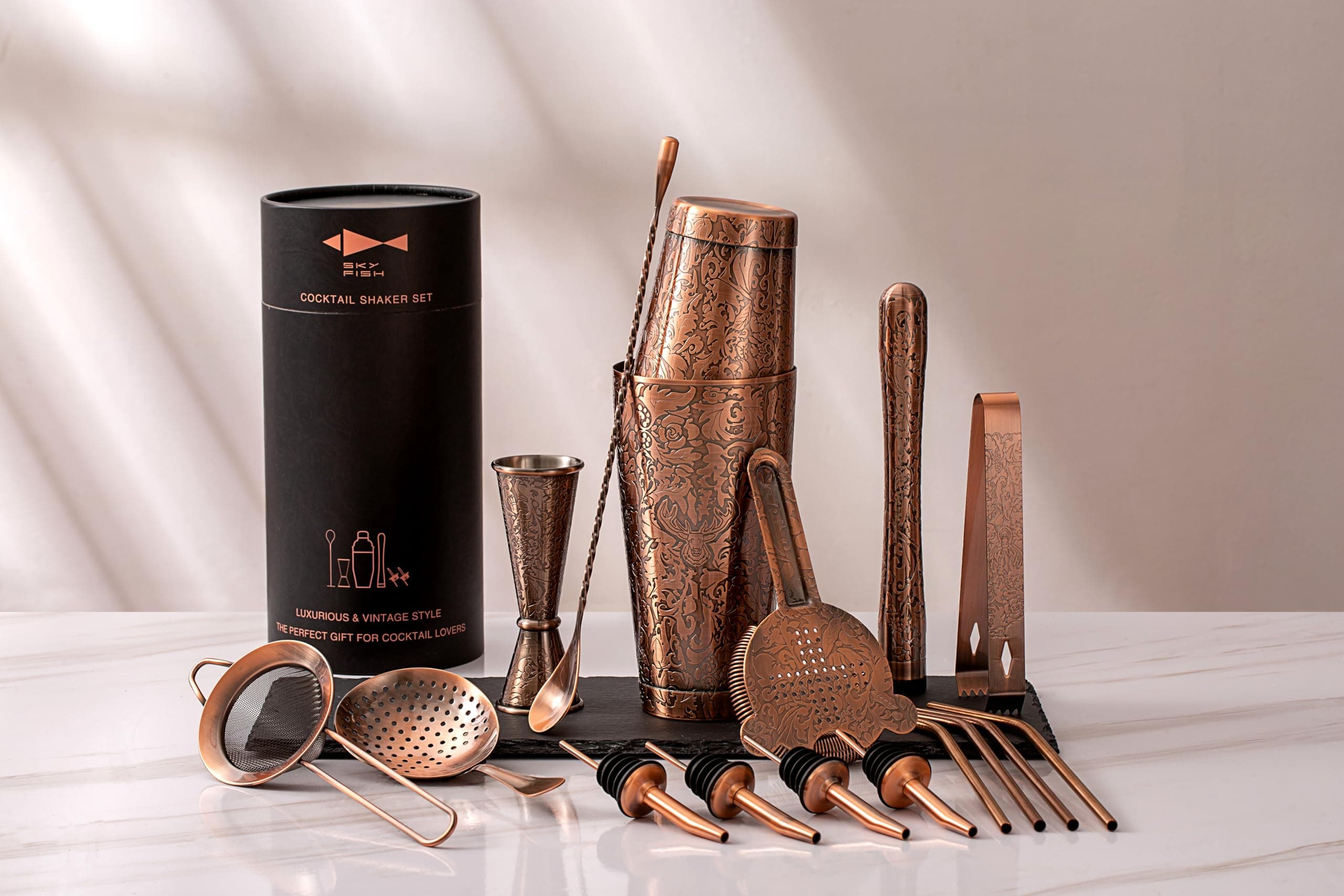 3D Etched 18-Piece Bartender Kit Stainless Steel Boston Cocktail Shaker Set Copper Plated Bartending Tools Suit for Bar Tools Set Mixology Enthusiasts, Professional Bartenders and Home Drink