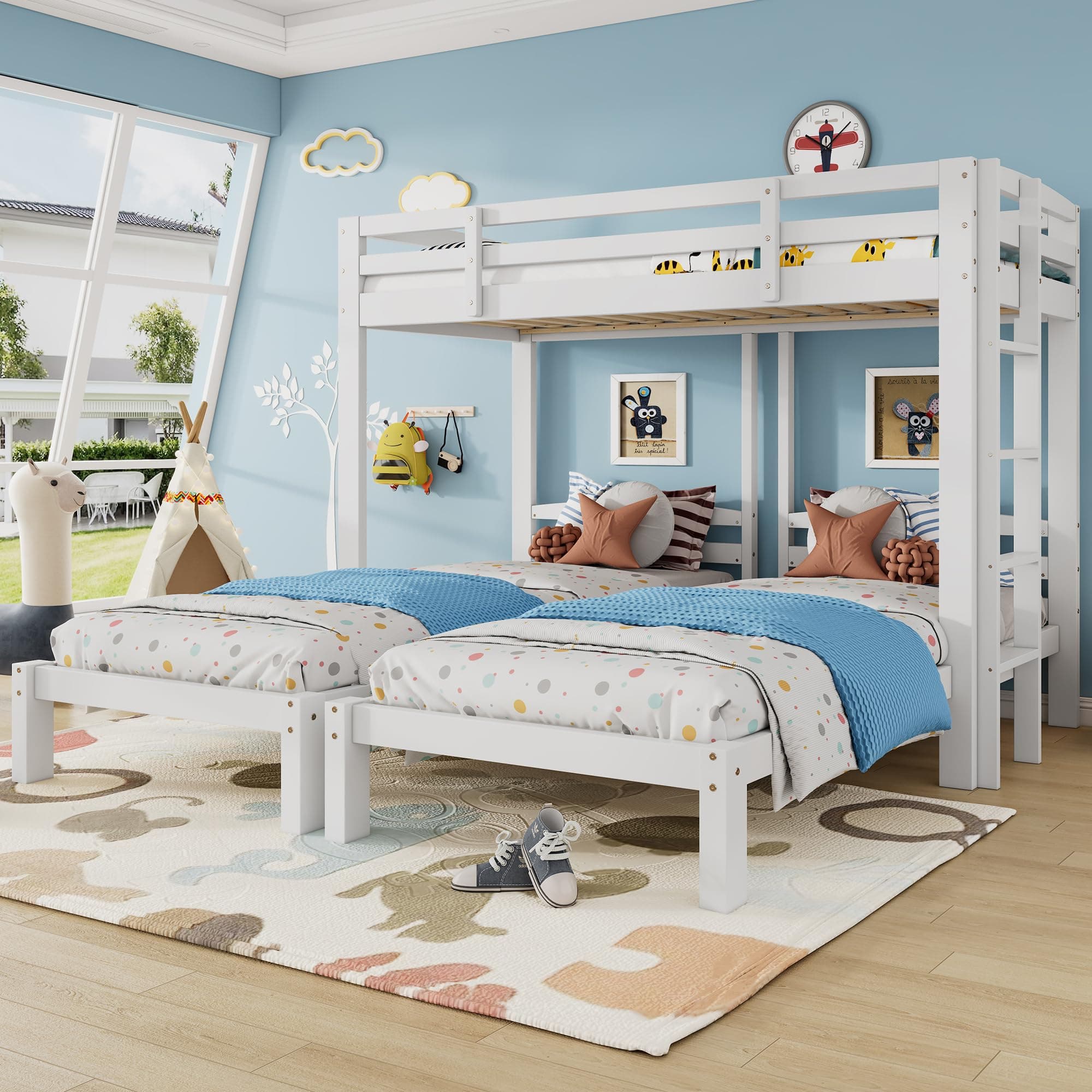 Bunk Bed Triple Sleeper with Side Ladder for Children and Teens 3FT, Ideal for Any Room,White (90x190cm,90x200cm)【UK Fast Shippment】