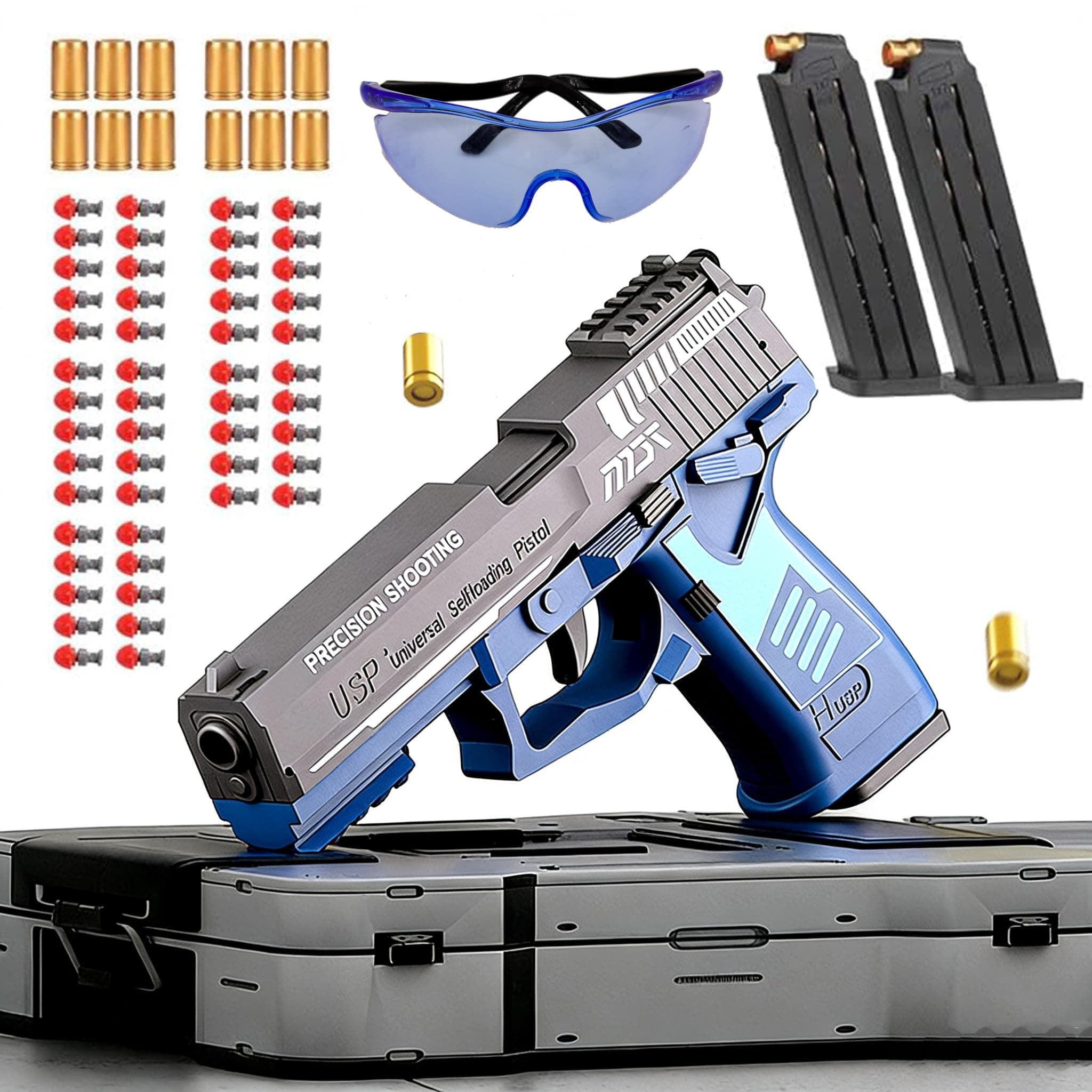 Upgraded Foam Blaster Sets, EVA Safety Shell Ejecting Blaster with Magazine, Birthday Gift Toy for Children (Auto Loading - USP Blue)