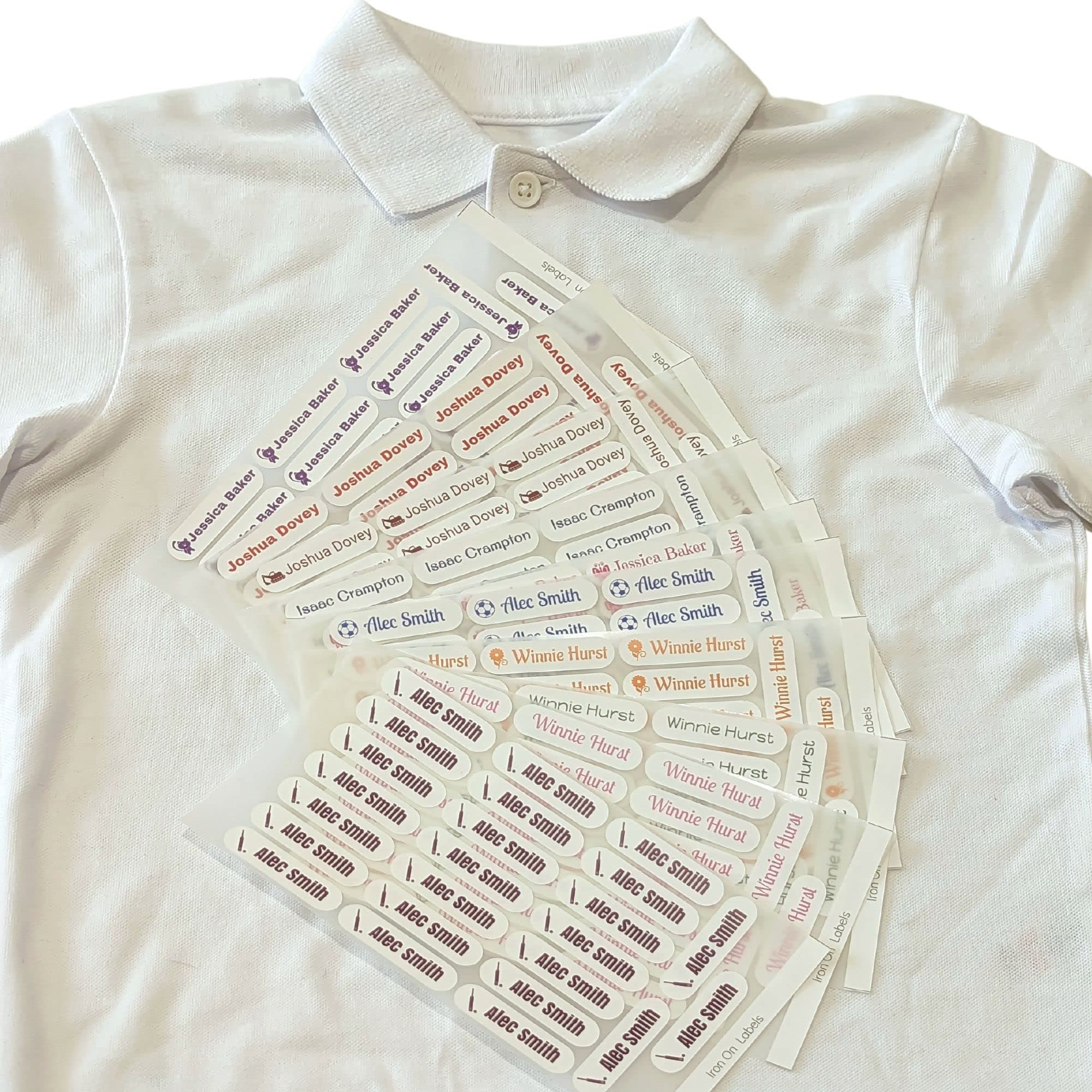 Personalised Iron On Name Labels - Choose Name, Text Colour, Font Preference & Motif (48 Labels)