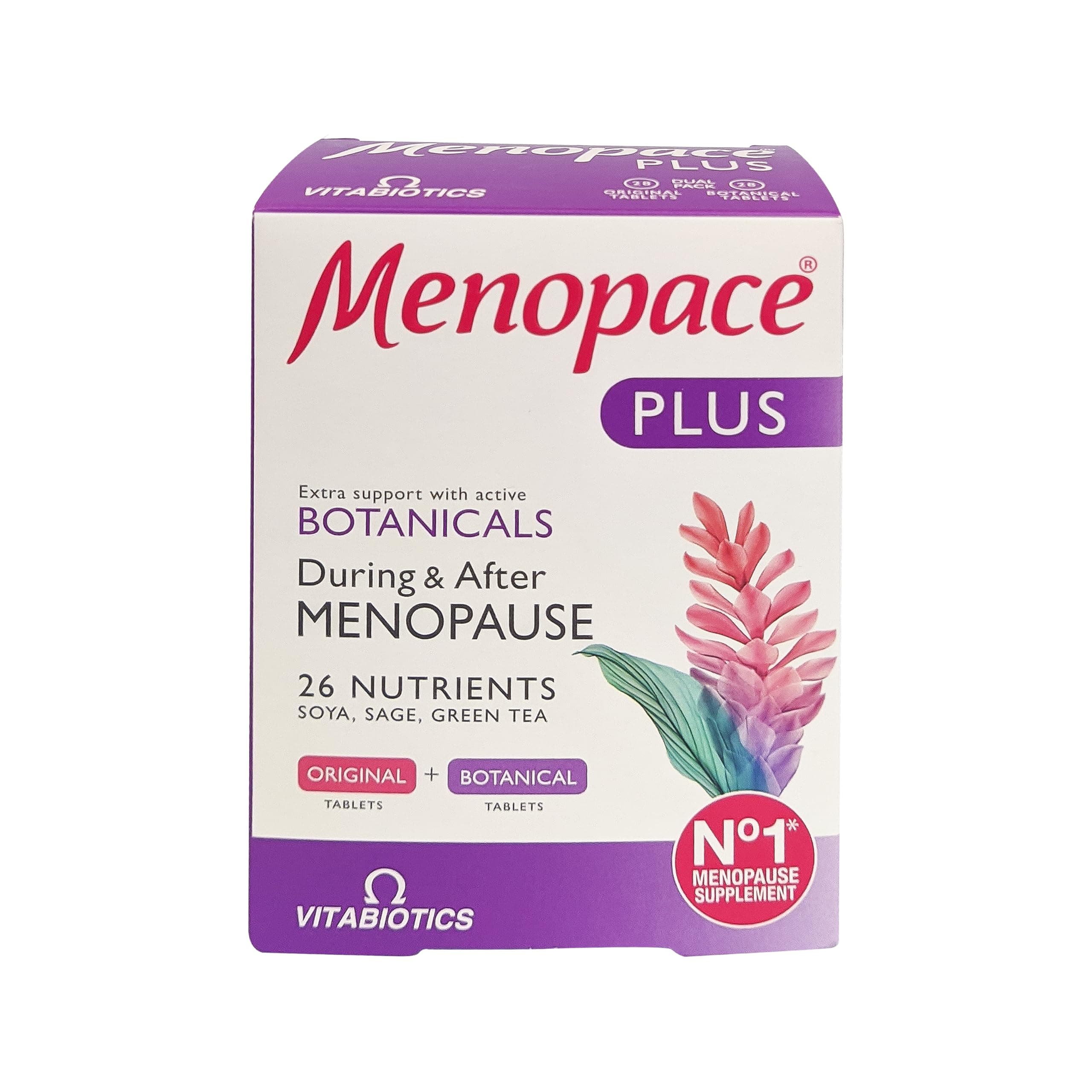 Menopace Plus 28 Original Tablets + 28 Botanical Tablets | Support During & After Menopause | Hormone Regulation - Bone Health - Skin & Hair - Soya Isoflavones - Sage - Green Tea - Flaxseed Lignans