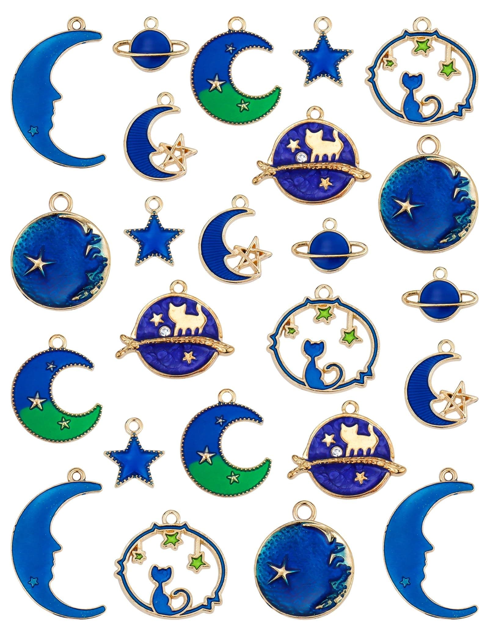 JIALEEY Assorted Gold Plated Enamel Cat Moon Star Celestial Charm Pendant DIY for Earrings Necklace Bracelet Jewelry Making and Crafting