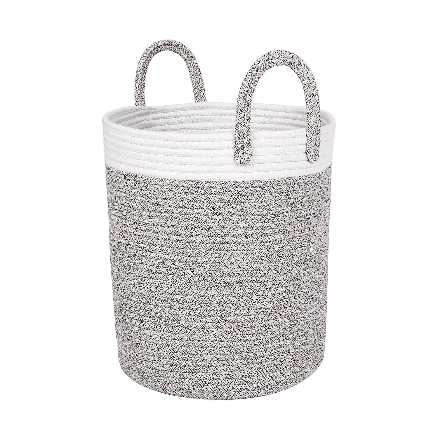 West Dwelling Woven Cotton Rope Storage Basket - Medium-sized 13" W x 15" H Natural Home Decor Baskets for Organizing Blankets, Towels, Laundry, Toys - Heather
