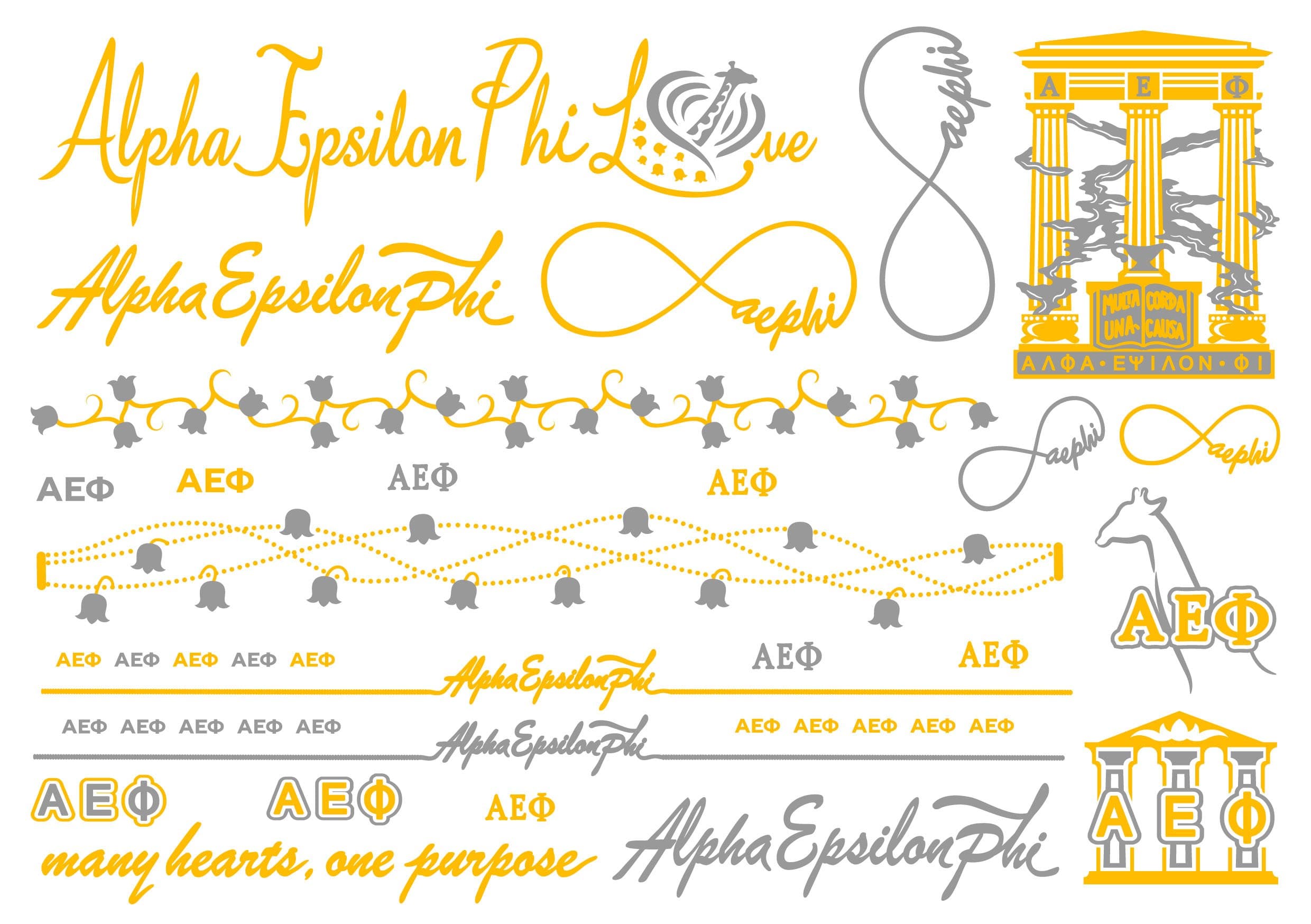 A-List Greek Metallic Temporary Tattoos - Alpha Epsilon Phi Gold, Silver Sorority Symbols, Giraffe, Rings, Bracelets, Necklaces | Premium Body Jewelry 2 Sheets Tattoo Set