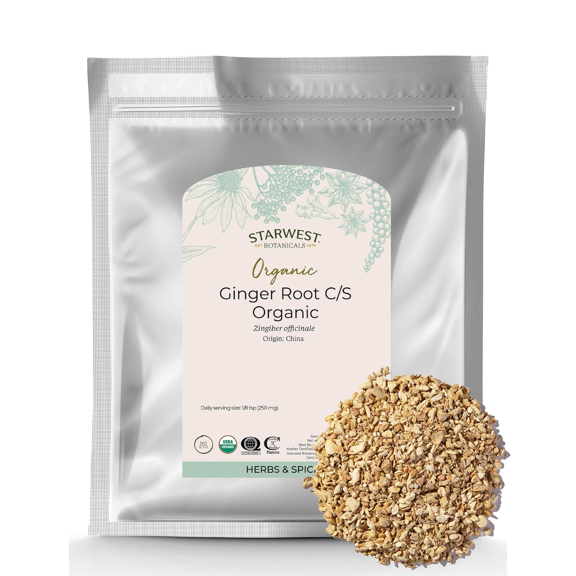 Organic Ginger Root - Dried Ginger Herb for Tea, Baking, & Cooking, Cut and Sifted, Natural Herbal Spice, Certified Kosher, Non-GMO - Bulk 1 lb Bag