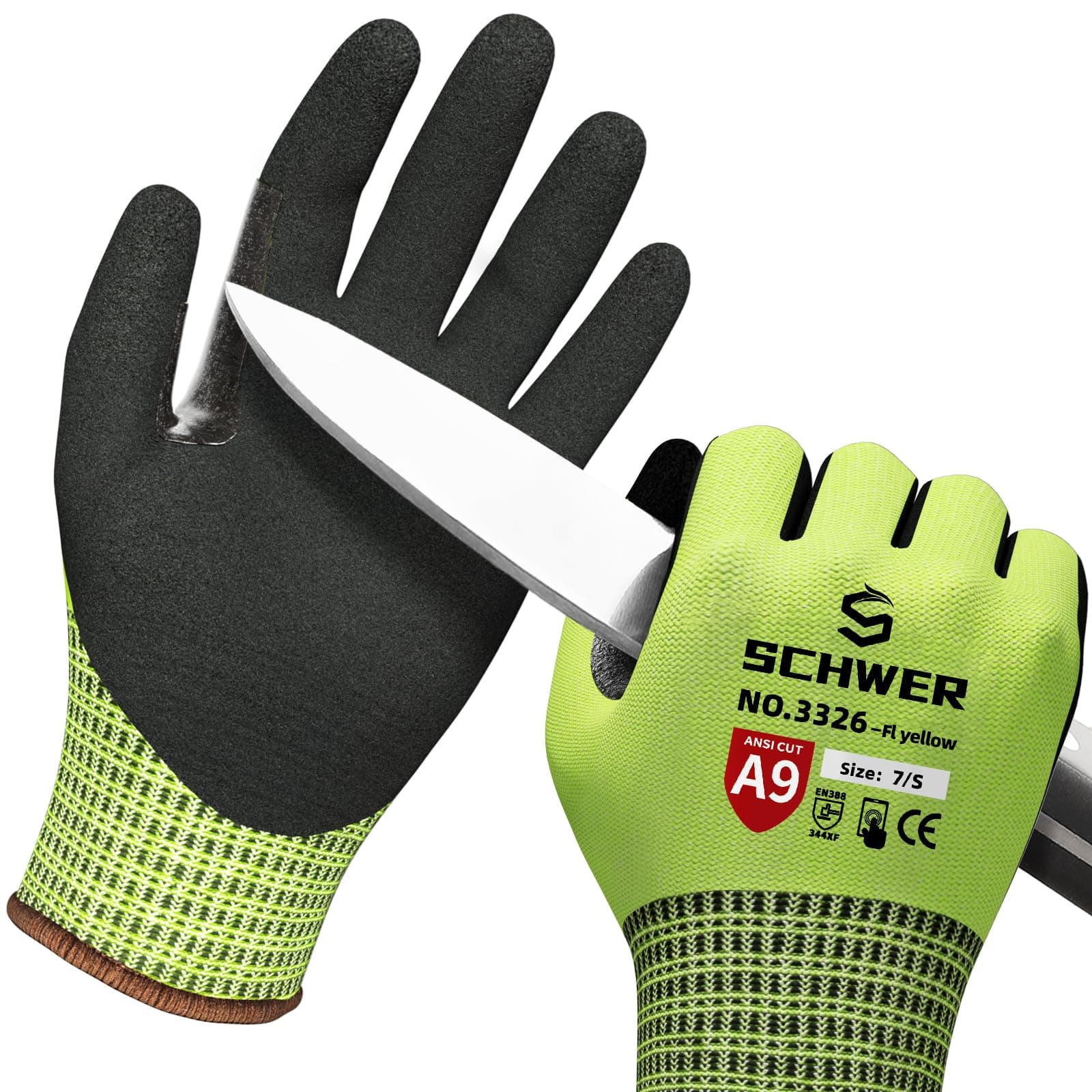 Schwer ProGuard Highest Level Cut Resistant Work Gloves PR3326 for Extreme Protection,ANSI A9 Cut Gloves with Reinforced Thumb, Non Slip, Breathable, Durable, Touch-screen, Non PFAS, Yellow1 Pair(S)