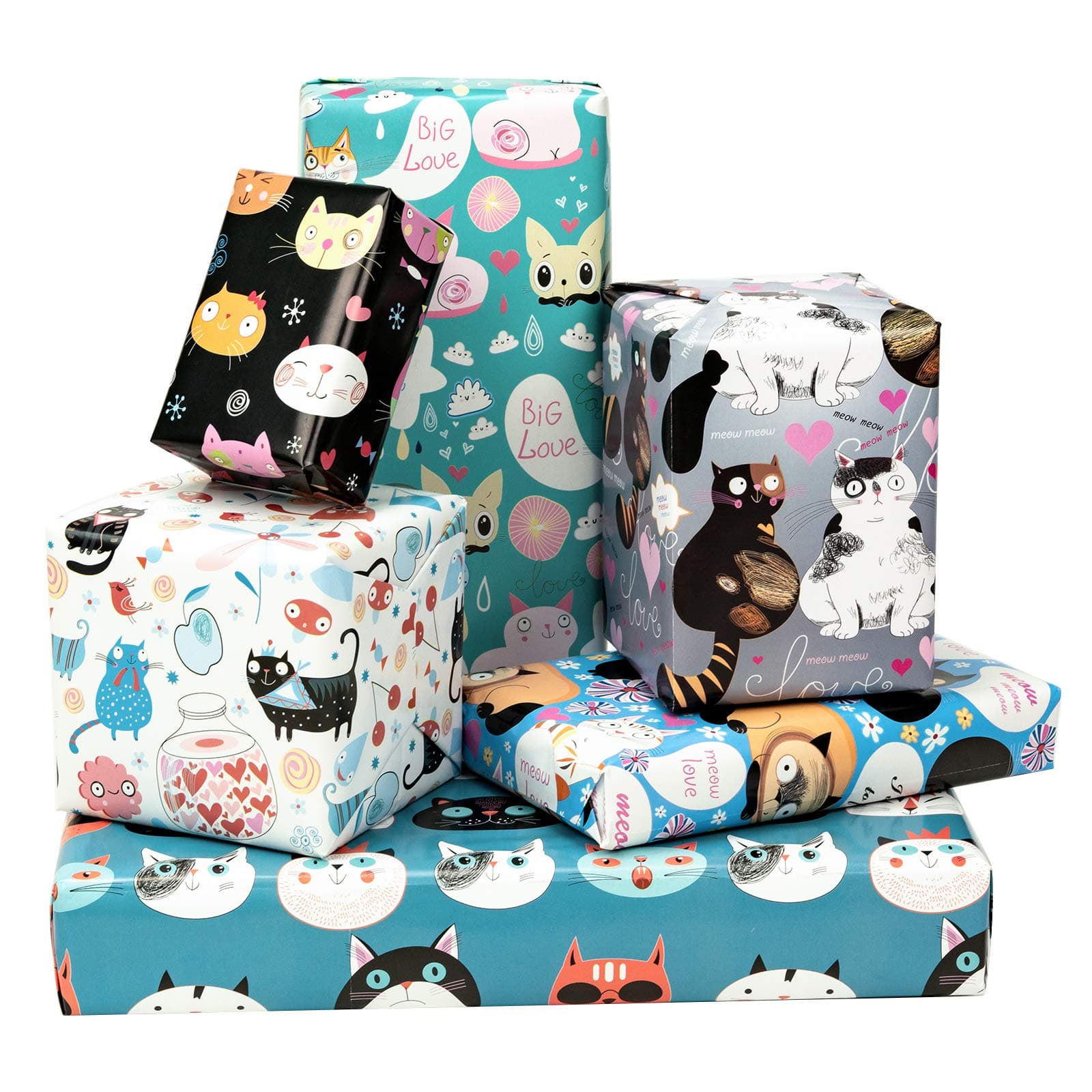 MAYPLUSS Wrapping Paper Large Sheet - Folded Flat - 6 Different Cat Design (45.2 sq. ft.ttl.) - 27.5 inch X 39.4 inch Per Sheet