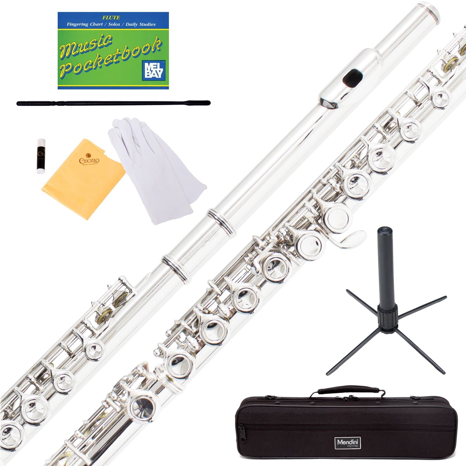 Mendini by Cecilio Silver Plated Closed Hole C Flute with Stand, 1 Year Warranty, Case, Cleaning Rod, Cloth, Joint Grease, and Gloves - MFE-S+SD+PB
