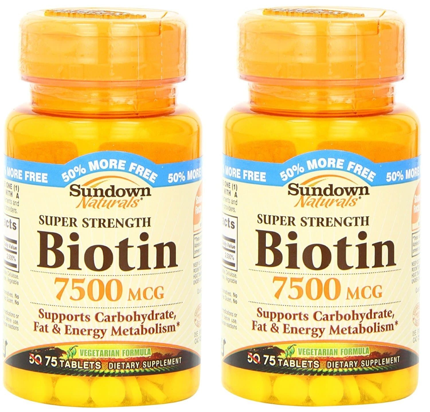 Sundown Naturals Super Strength Biotin 7500 Mcg Tablets, 75 Count (2 X 75 Count Bottles)