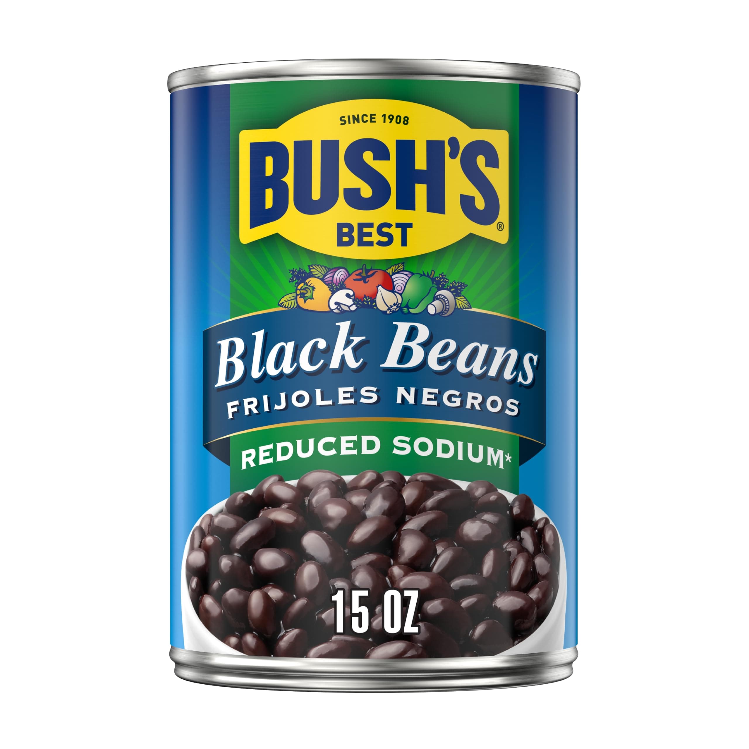 Bush's Best Reduced Sodium Black Beans, Source Of Plant Based Protein And Fiber, Low Fat, Gluten Free, 16 oz