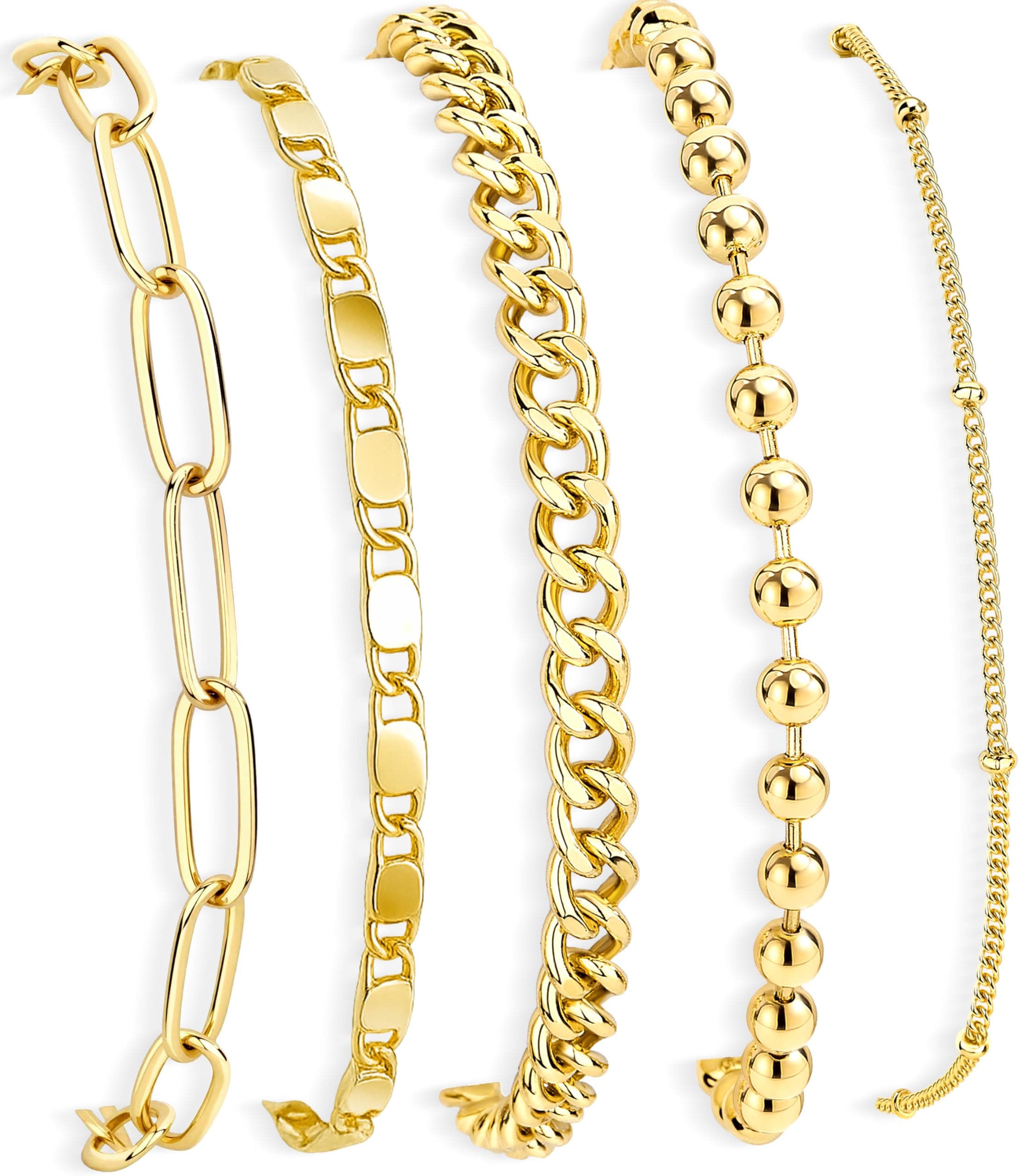 Gold Bracelets Set for Women Stack, Dainty Thick Bracelets Stack for Women Trendy, Simple Thin Gold Plated Cuff Stackable Bracelets With Beaded Cuban Paperclip Snake Rope Bangle Hand Chain Jewelry
