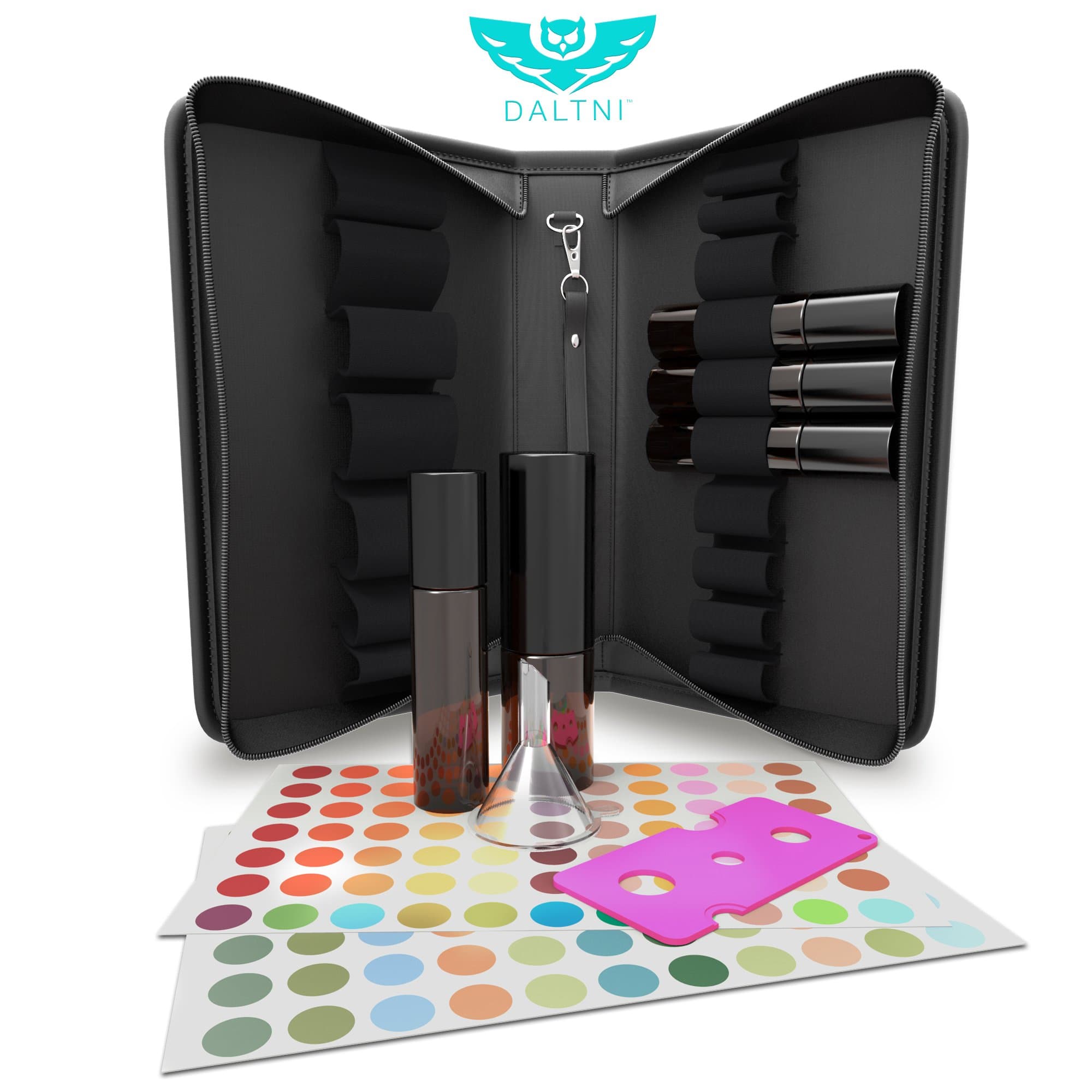 Essential Oils Accessory Kit with Carrying Case, Essential Oil Spray Bottle, Roller Bottles, Small Oil Funnel, Bottle Key and Bottle Top Labels. Great Case for Travel and Storage!