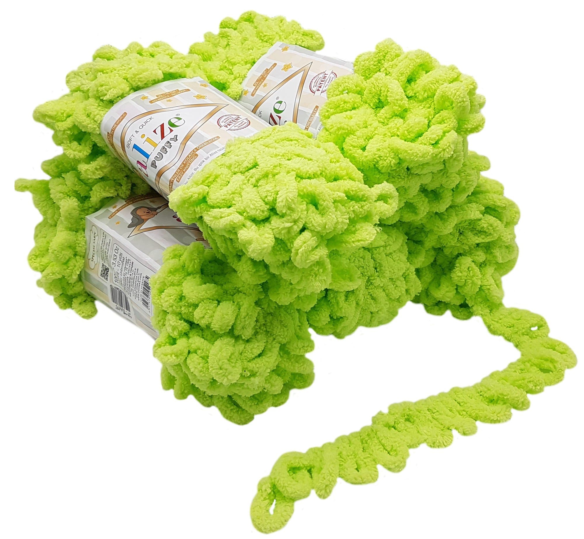 Alize Puffy 5 x 100 g wool, 500 g of yarn for finger knitting, extra bulky wool with loops for knitting without using needles Grün 41