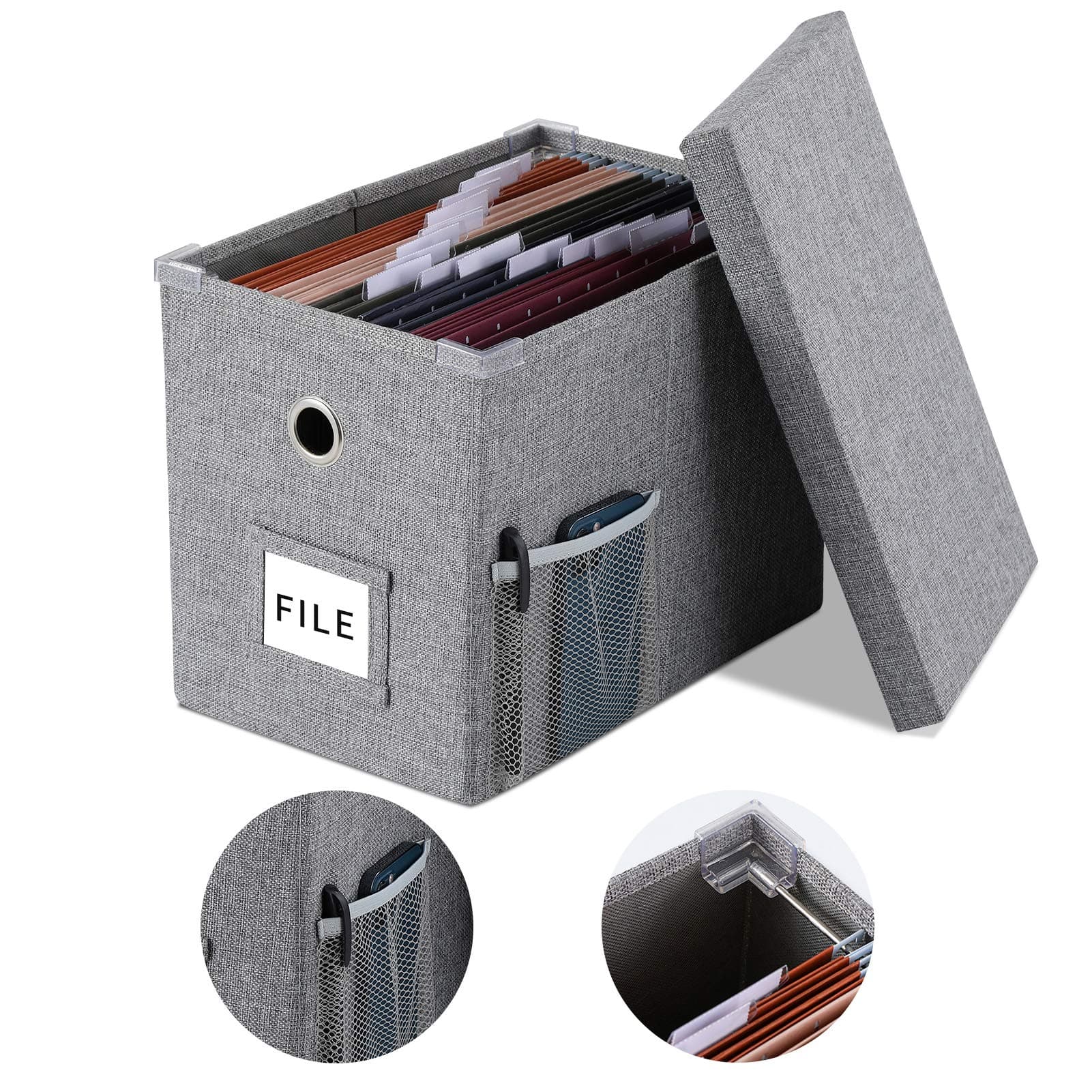Linen File Boxes Organizer with Smooth Sliding Rail with Lids for Letter Size Collapsible Hanging File Storage Organizer Storage Filing Bin (1, grey)