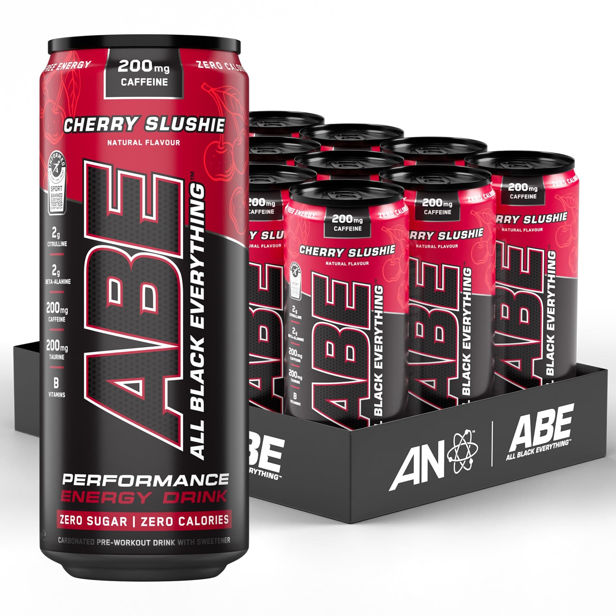 Applied Nutrition ABE Pre Workout Cans - All Black Everything Energy + Performance Drink, ABE Carbonated Beverage Sugar Free with Caffeine (Pack of 12 Cans x 330ml) (Cherry Slushie)