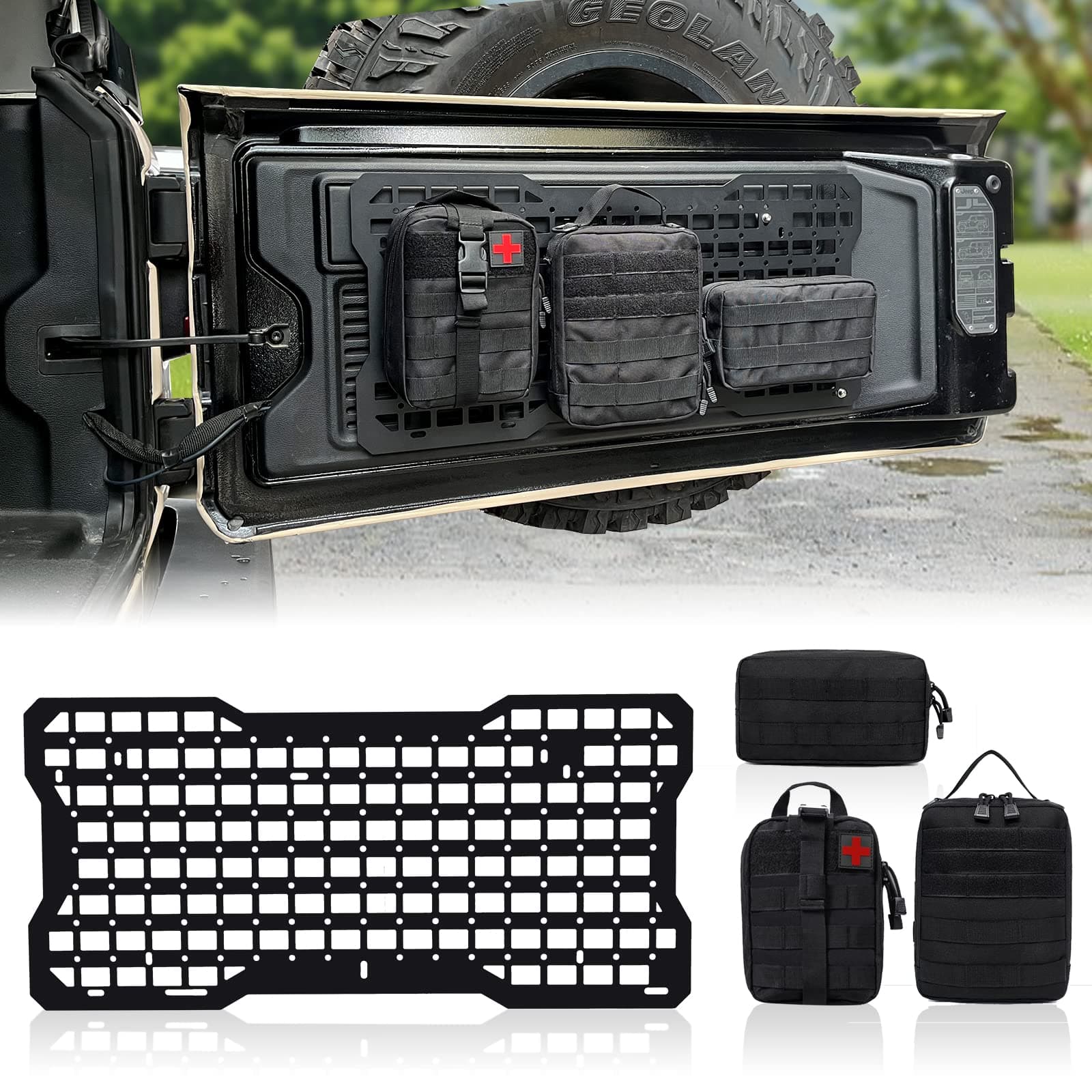 Z8 Wrangler Tailgate Tactical Panel with 3 Moll Pouch,JK/JL Rear Door Cargo Organizer Kit Compatible with Jeep Wrangler 2007-2022 JK JKU & 2018-2022 JL JLU (Aluminum Alloy)