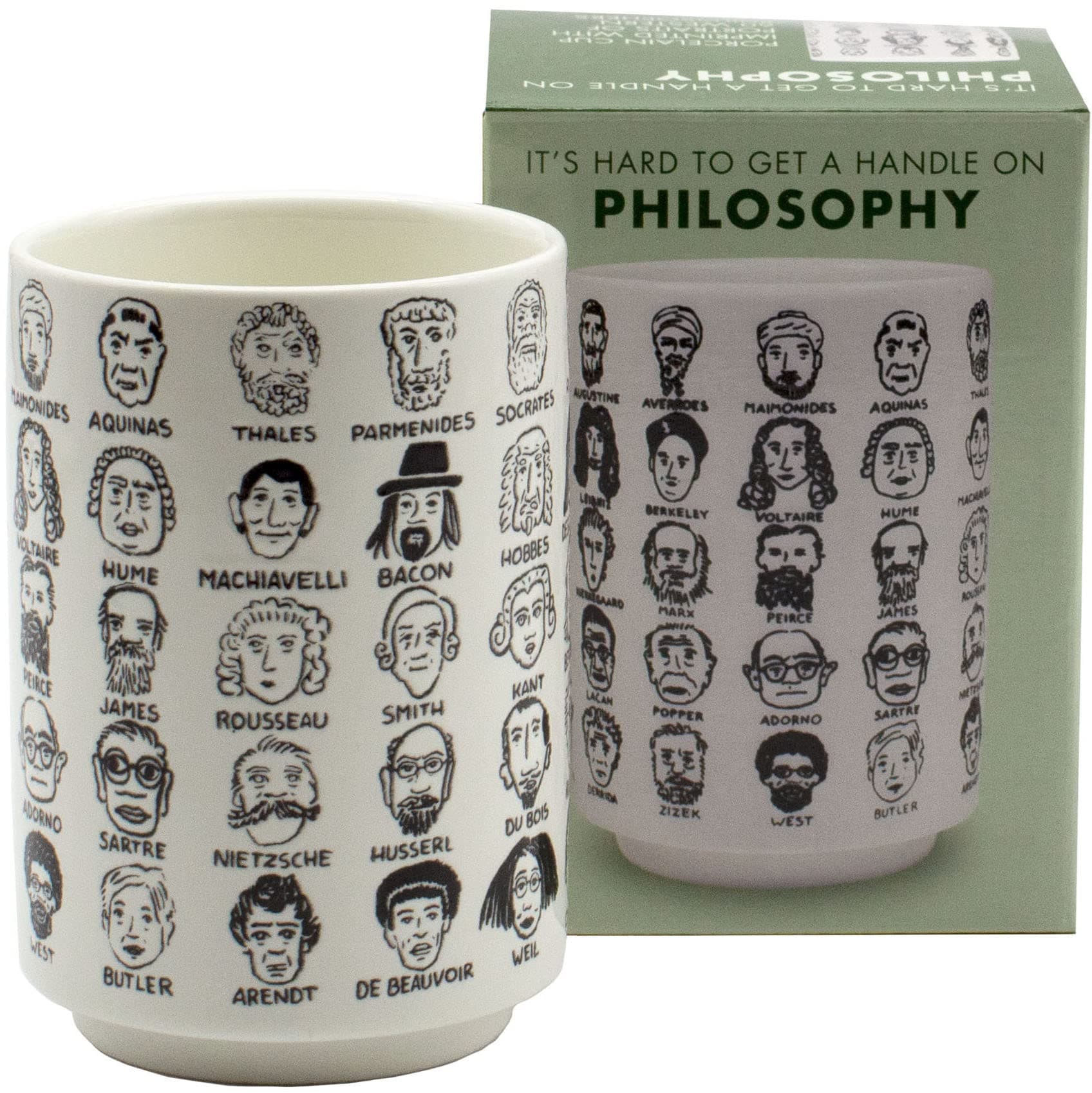 It's Hard to Get a Handle on Philosophy - Porcelain Handleless Tea Cup Featuring 60 Illustrated Portraits of Western Philosophers, Comes in Fun Box, 9 oz.