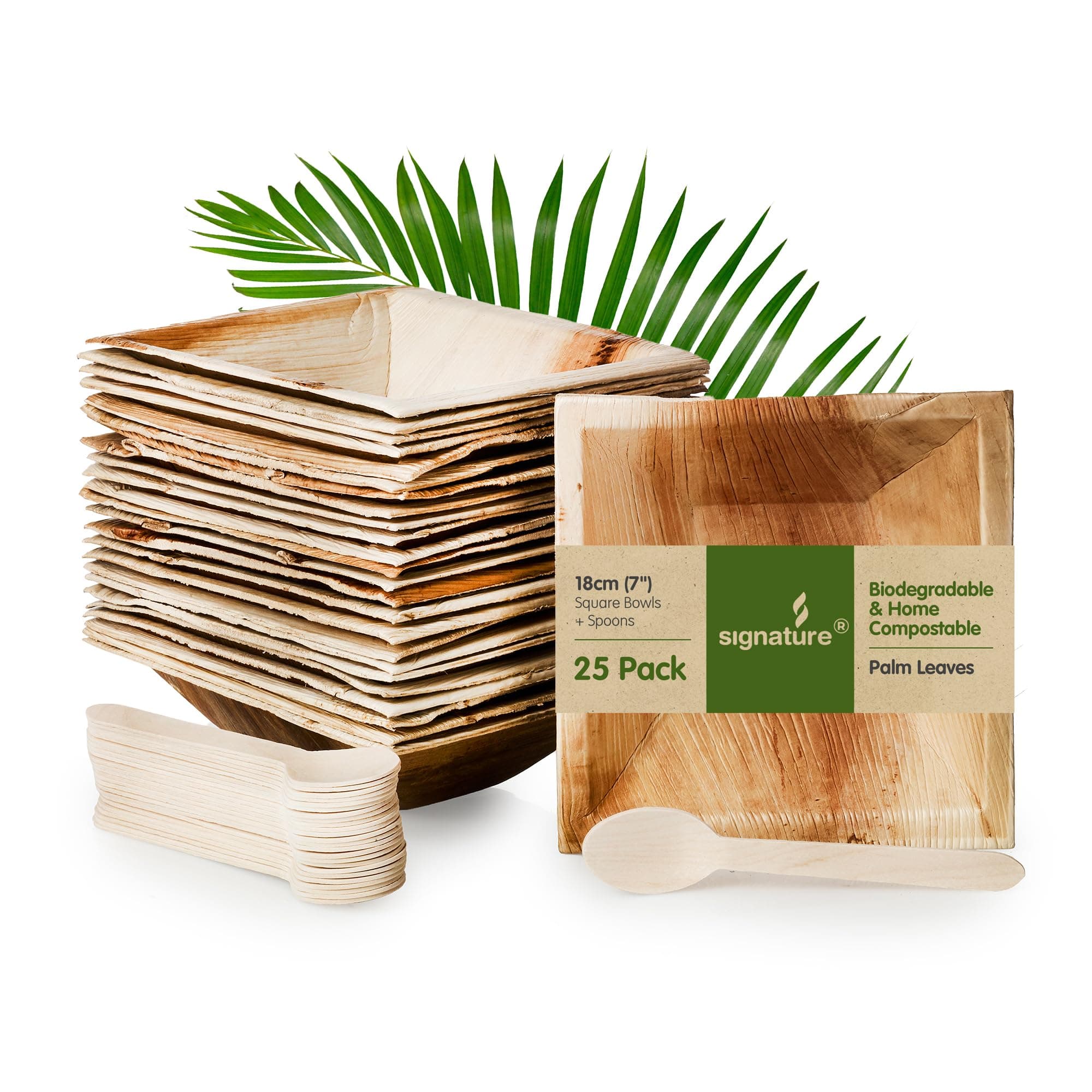 Signature Packaging - Disposable Bowls - Palm Leaf - 25 Pack - Square 7" + Spoons