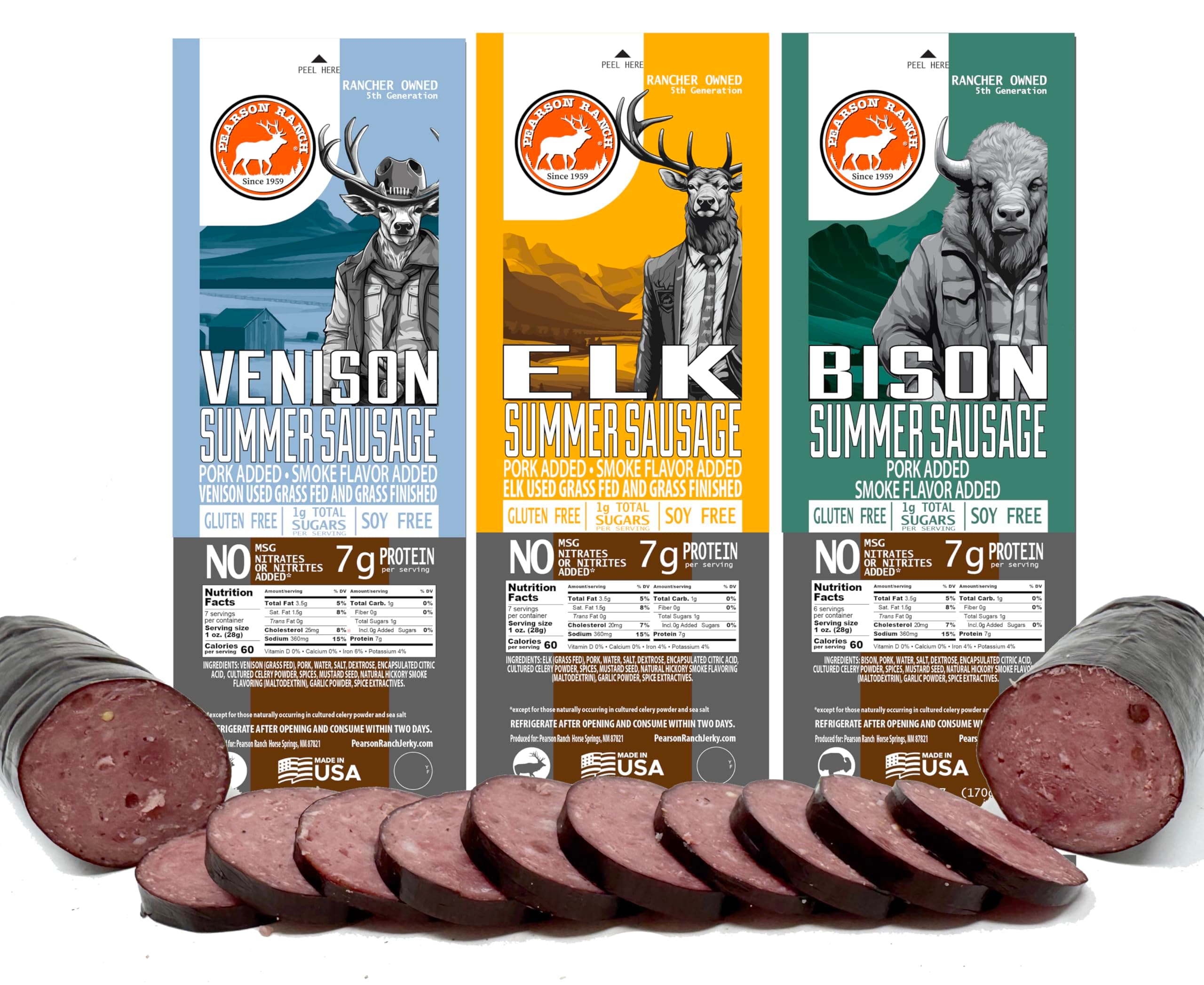 PEARSON RANCH Wild Game Summer Sausage Sampler - Elk, Bison, Venison, Summer Sausage Gift Set, Exotic Meat Gift Set For Men, Gluten-Free, MSG-Free, No Added Nitrites, Charcuterie Meat Gourmet Sausage