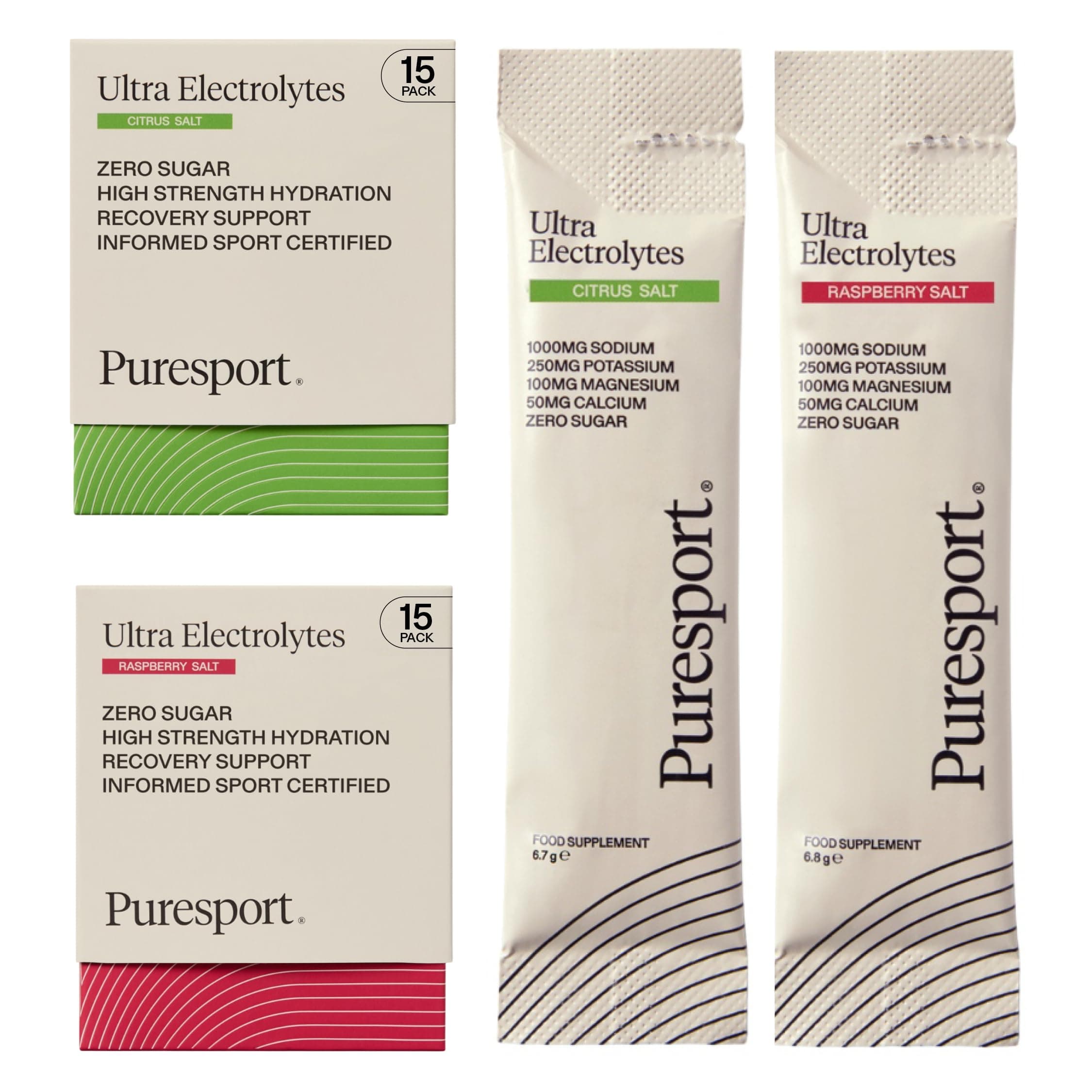 Puresport Ultra Electrolytes Hydration Discovery Pack (30 Pack), Citrus & Raspberry Salt Sachets, Sugar-Free, 1000mg Sodium, Optimise Hydration & Support Muscles, Travel-Friendly Format