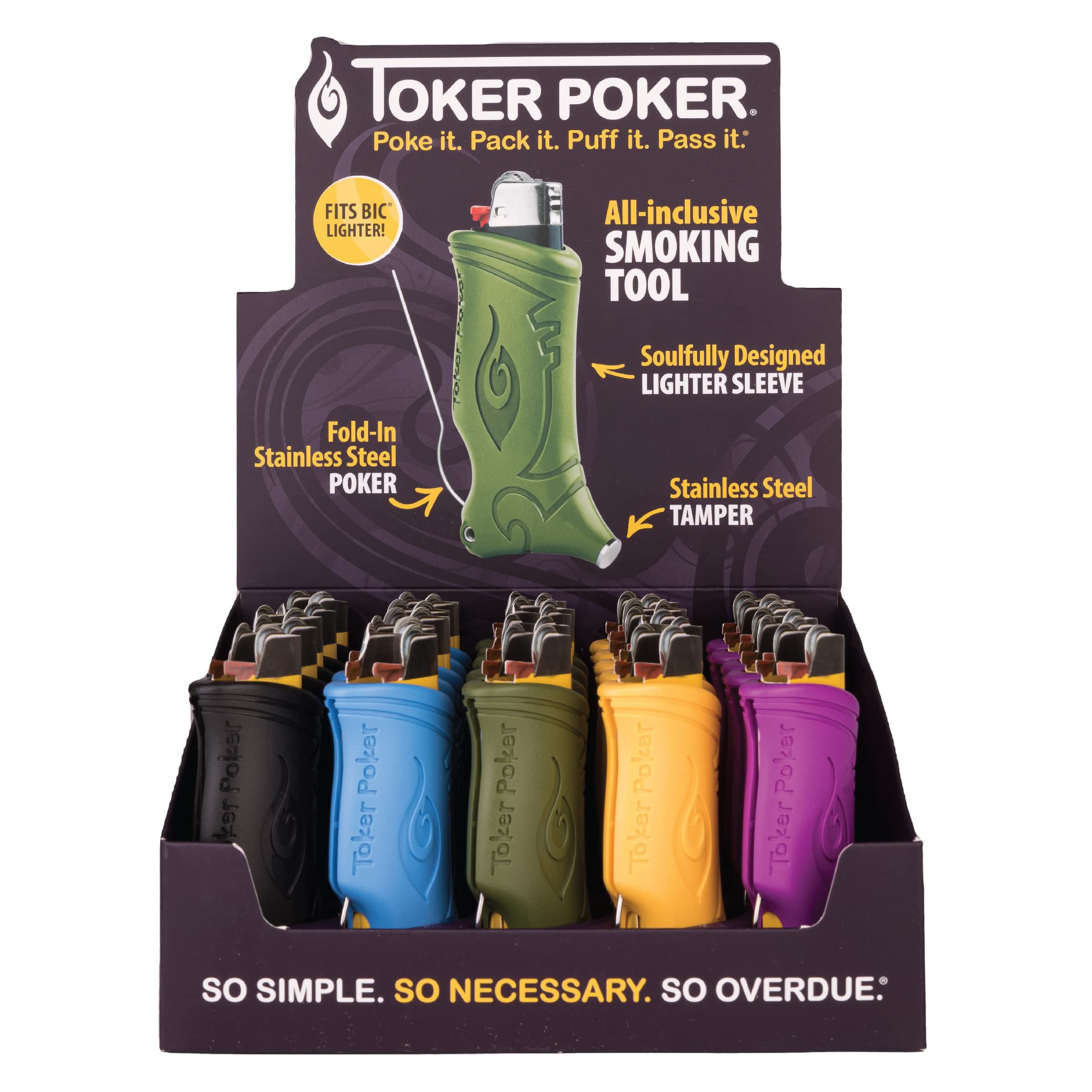 Toker Poker - The Ultimate All Inclusive Lighter Tool; Includes Lighter Case, Retractable Stainless Steel Poker, Stainless Steel Tamper & Securely Holds 5ft of Wick (Mixed Color, 25 Unit Display Box)