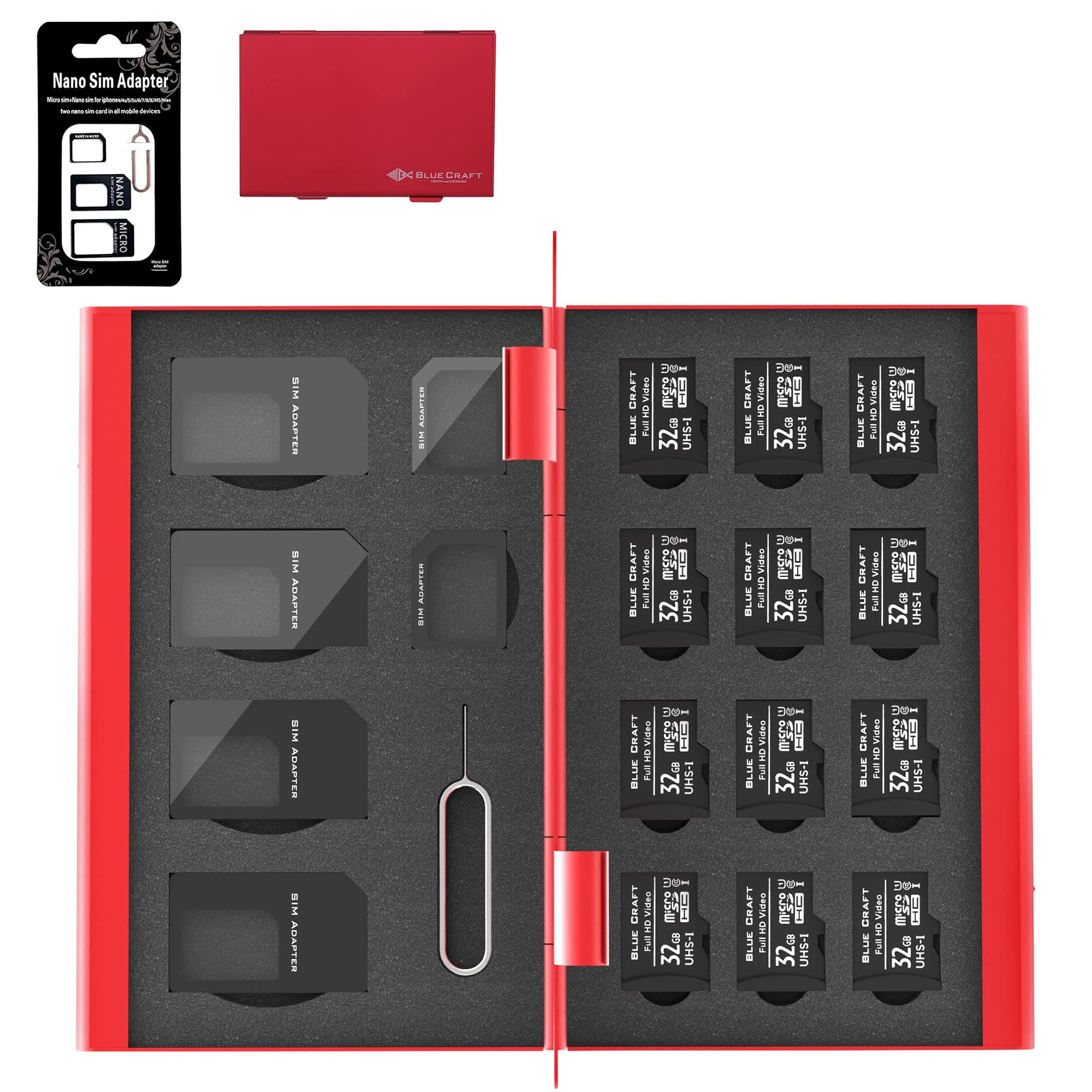 BlueCraft SIM microSD Card Case (Max.18 Cards) Aluminum Storage Holder with SIM Card adapters & Eject Pin (Red)