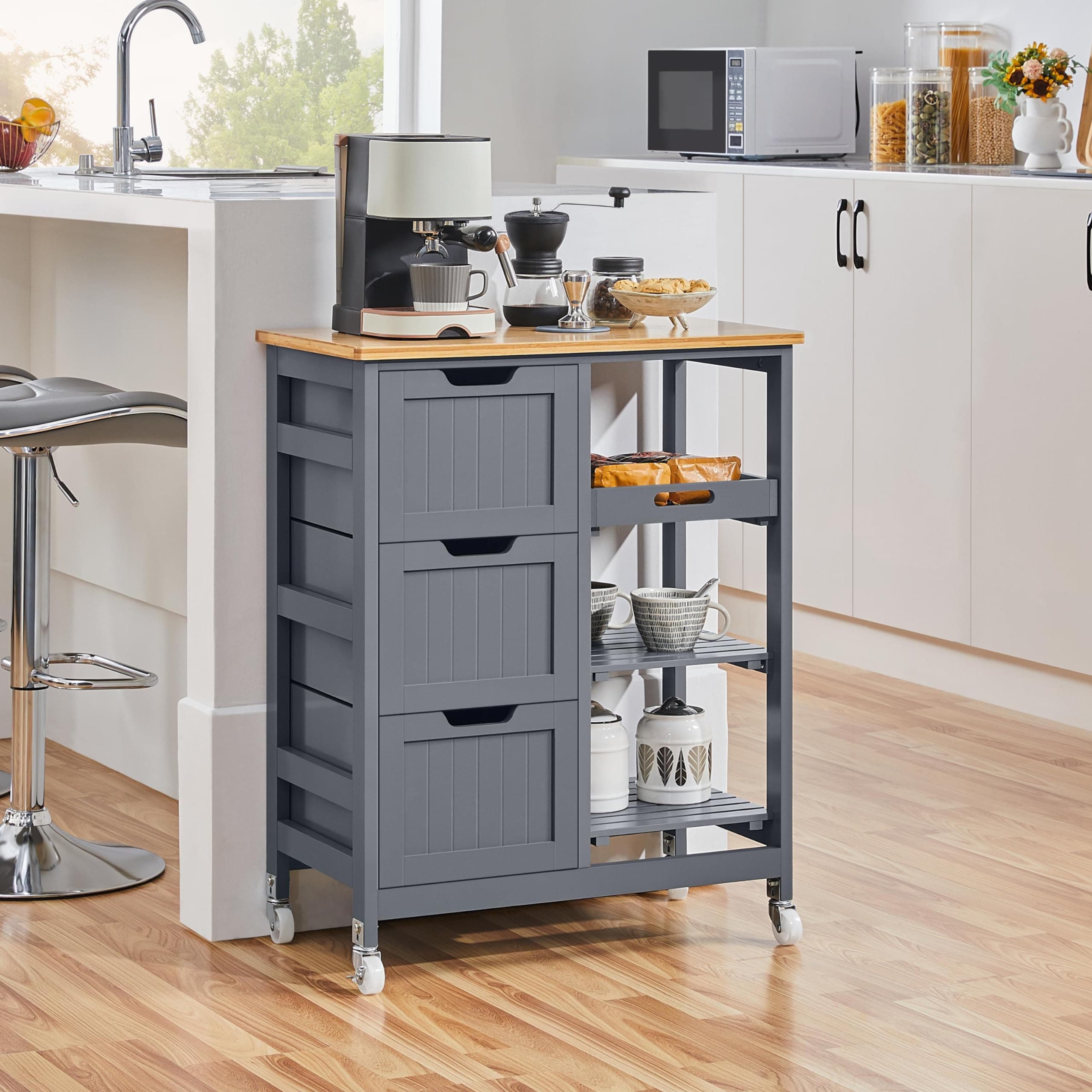 Yaheetech Kitchen Island Cart on Wheels with Storage, Rolling Bar Cart with Solid Wood Top and 3 Drawers, 3 Removable Shelves, Serving Utility Carts for Dining Room/Small Kitchen, Dark Gray