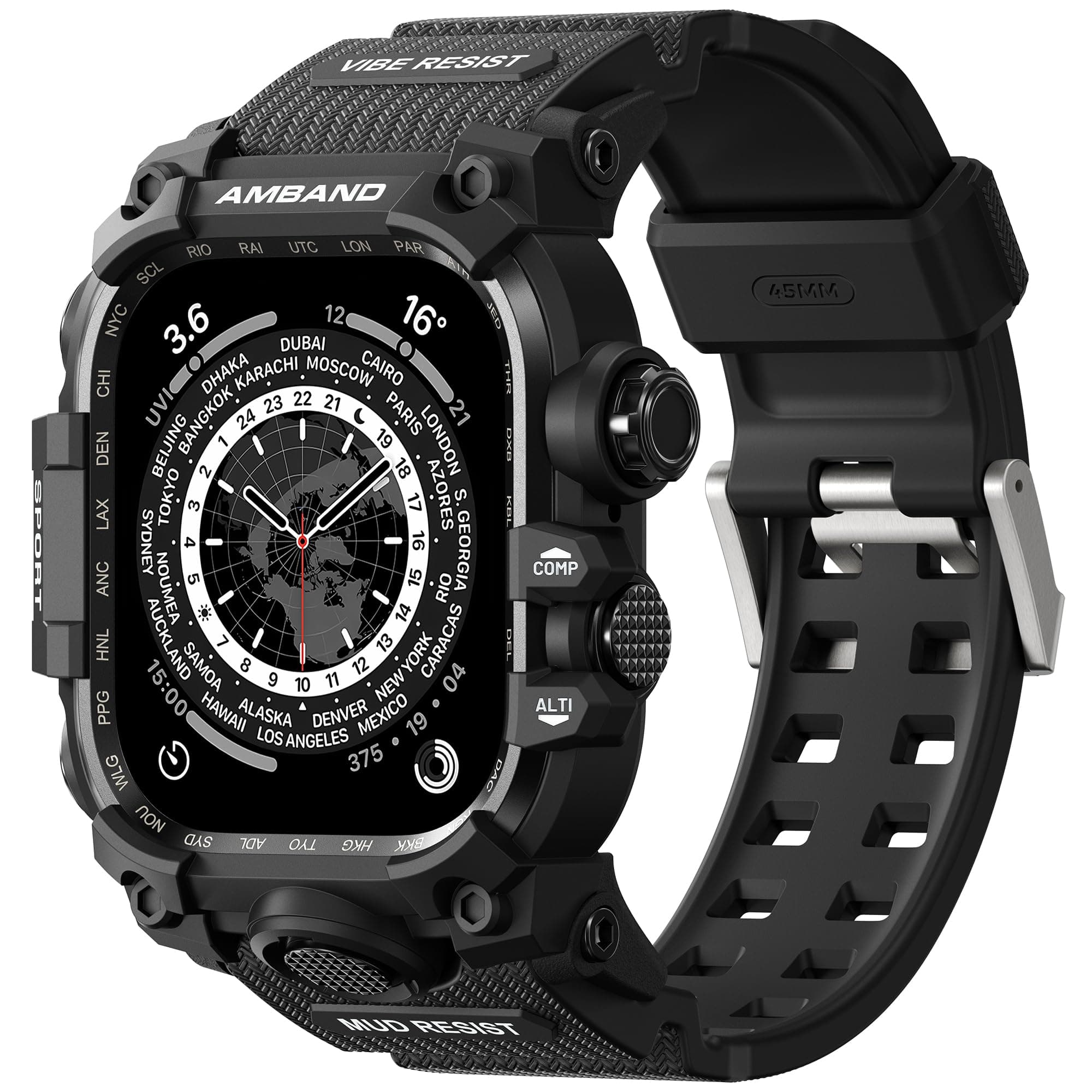 amBand Rugged Case with Band for Apple Watch 45mm, Compatible with Apple Watch (iWatch) Series 9/8/7, Military Grade Shockproof Bumper Cover, Tactical Band for Men, Matte Black