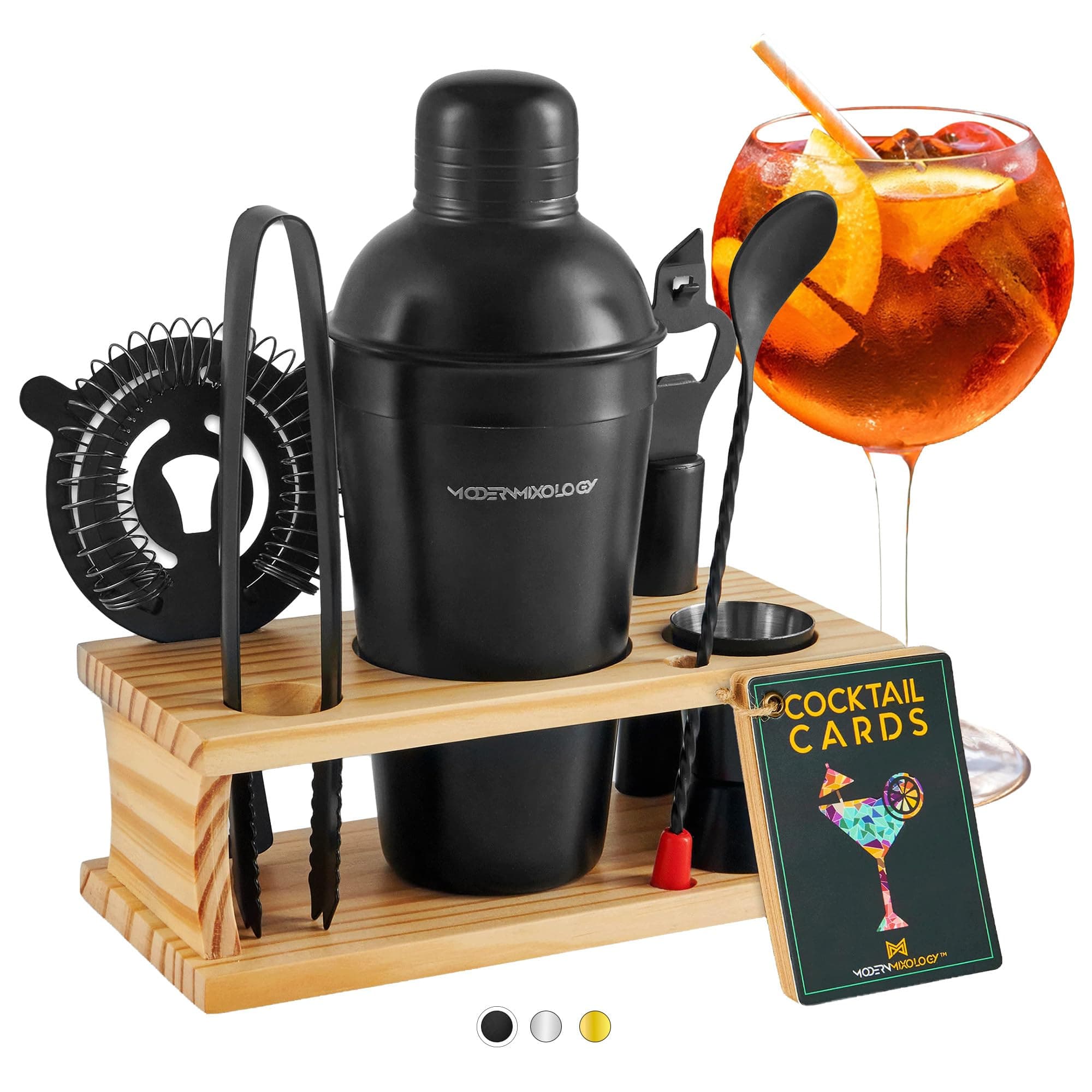 Modern Mixology Cocktail Shaker Set - 8 Piece Bartender Kit on Quality Pine Stand | Complete Cocktail Kit Gift Set | Top Bartender Gifts for Men | Leak Proof Design (Black)