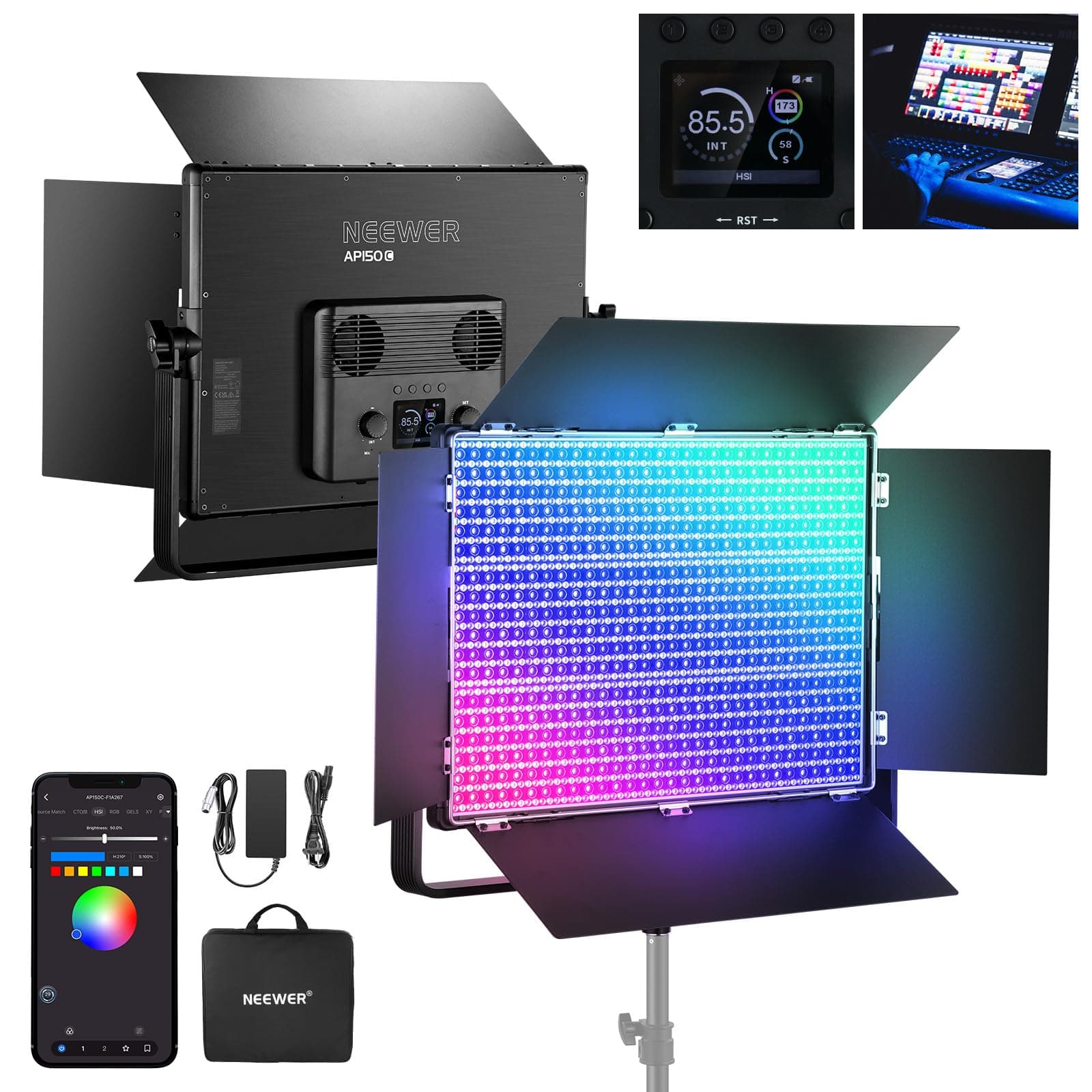 NEEWER 150W RGB LED Panel Video Light Kit with Barn Doors, 1800 LEDs 42500Lux...