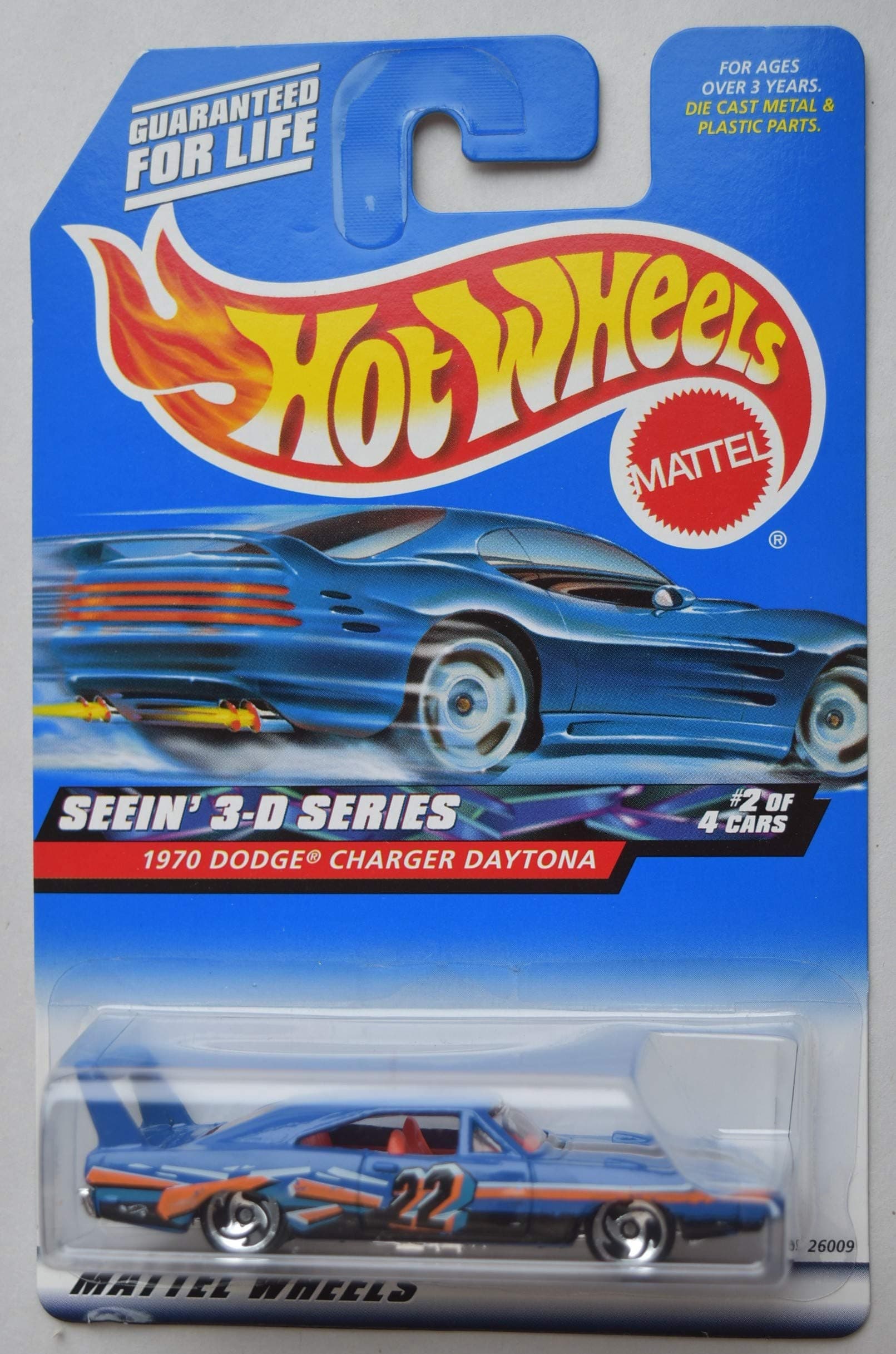 Hot Wheels1:64 Scale SEEIN' 3 D Series 2/4, Blue 1970 Dodge Charger Daytona Razor Wheels