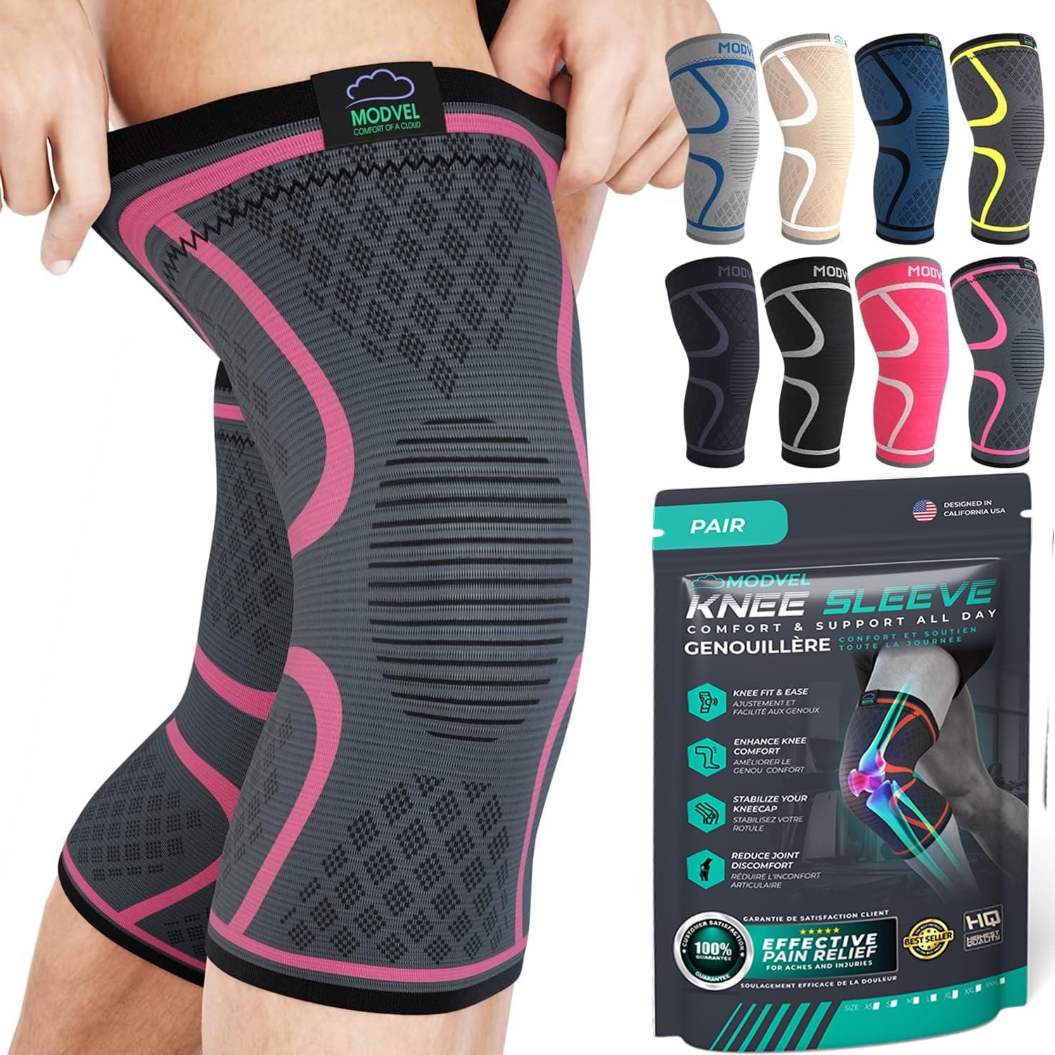 Modvel Compression Knee Brace for Women & Men - 2 Pack Knee Brace for Women Running Knee Pain, Knee Support Compression Sleeve, Workout Sports Knee Braces for Meniscus Tear ACL & Arthritis Pain Relief