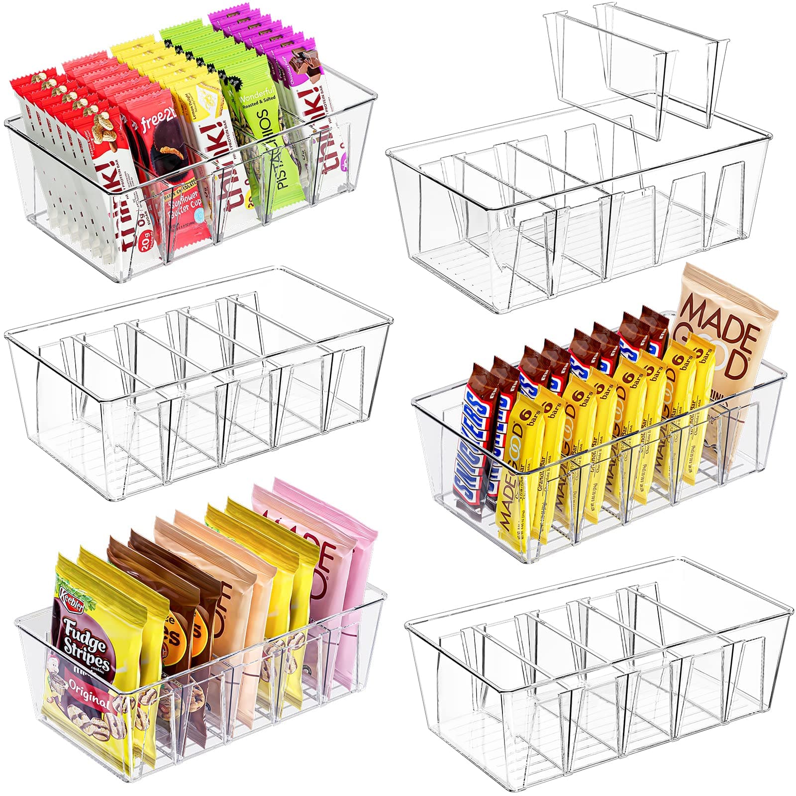 Puricon 6 Pack Pantry Organization and Storage Bins for Kitchen Fridge Countertop Cabinet, Stackable Clear Plastic Storage Containers with Removable Dividers, 5 Compartments for Food Snacks Spices