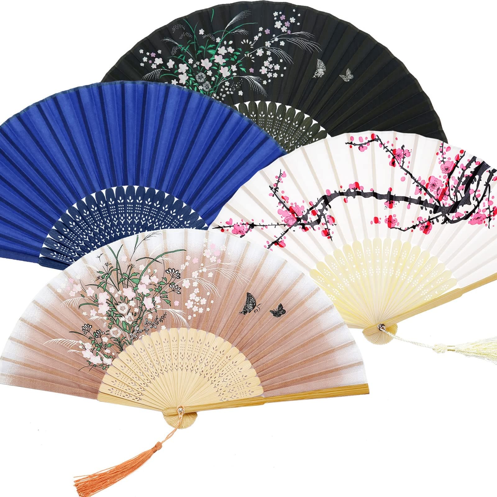 Zonon 4 Pack Handheld Floral Folding Fans Hand Held Silk Bamboo Fans with Tassel Women Hollowed Hand Foldable Fan with Fabric Sleeve for Dancing Wedding Decoration Gifts(Vintage)