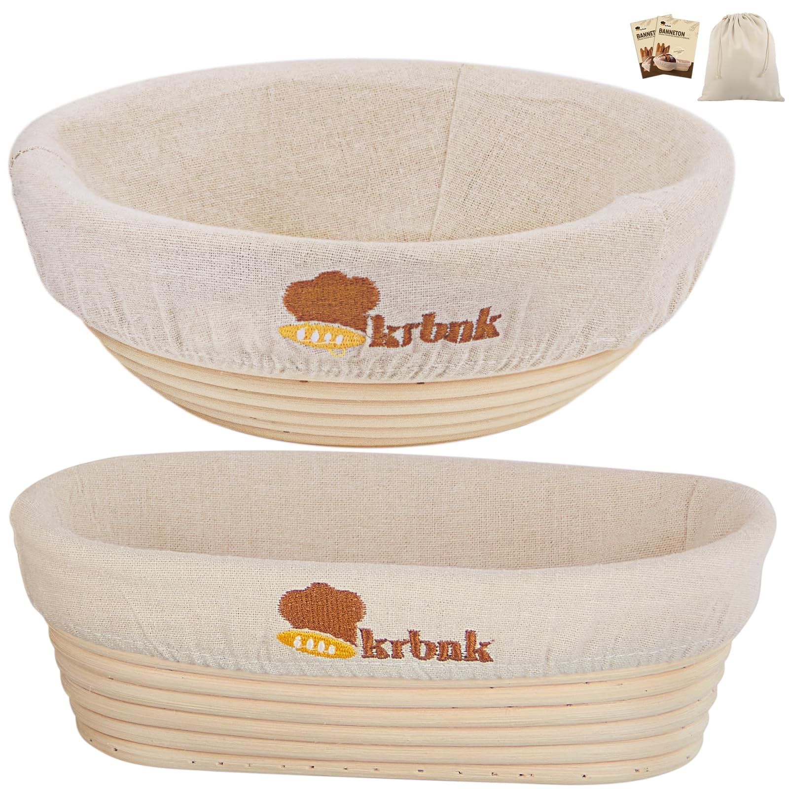 Banneton Bread Proofing Basket, Proofing Basket for Sourdough Bread Baking, Indonesian Rattan Bread Bowl Sourdough Bread Baking Supplies with Linen Liner (9" Round + 10" Oval)