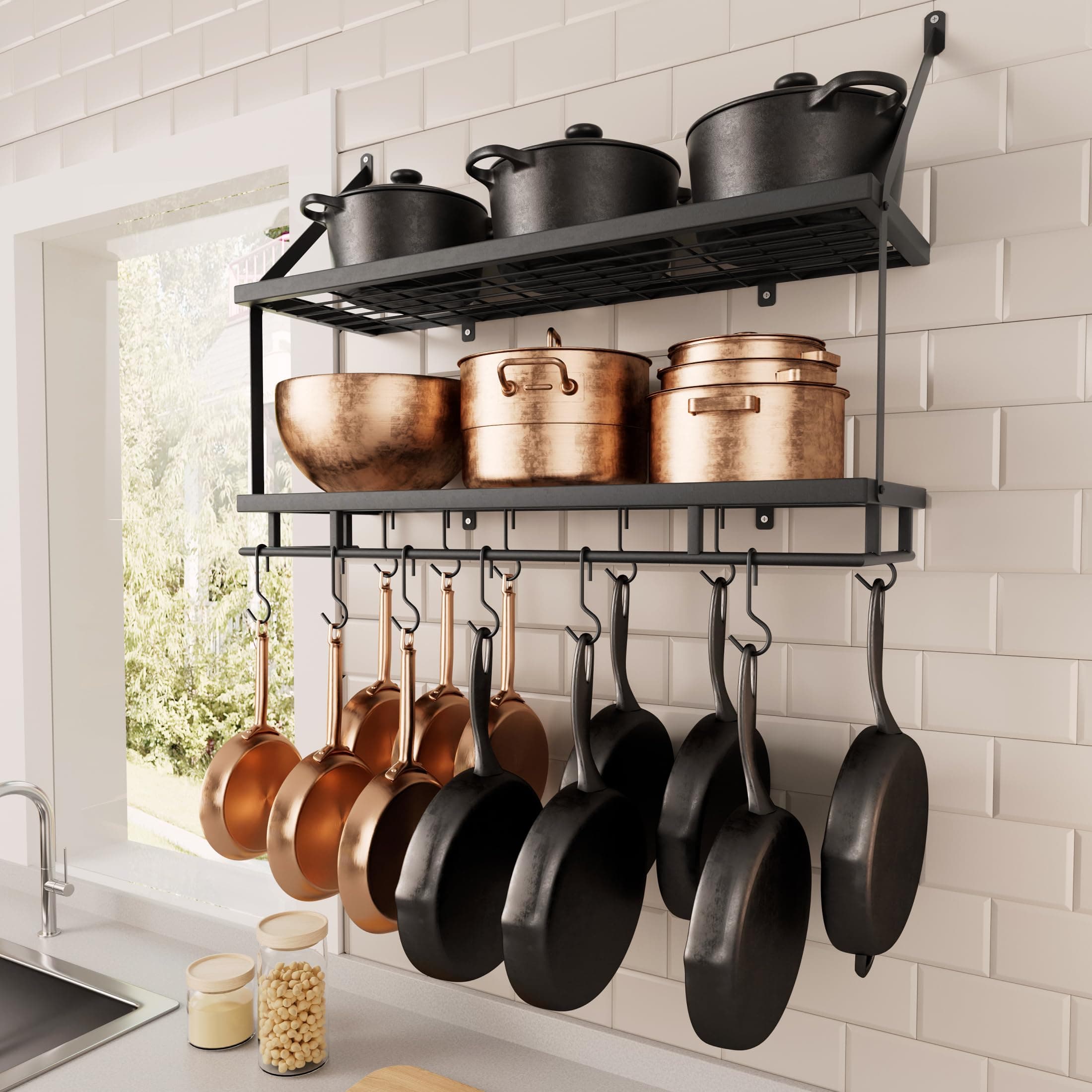 KES Pot Pan Rack for Kitchen Hanging, 76CM Pan Hanger Rack Wall Mounted, 2-Tier Pot Rack Shelf with 12 Hooks for Kitchen Storage and Organization Matte Black, KUR215S75B-BK