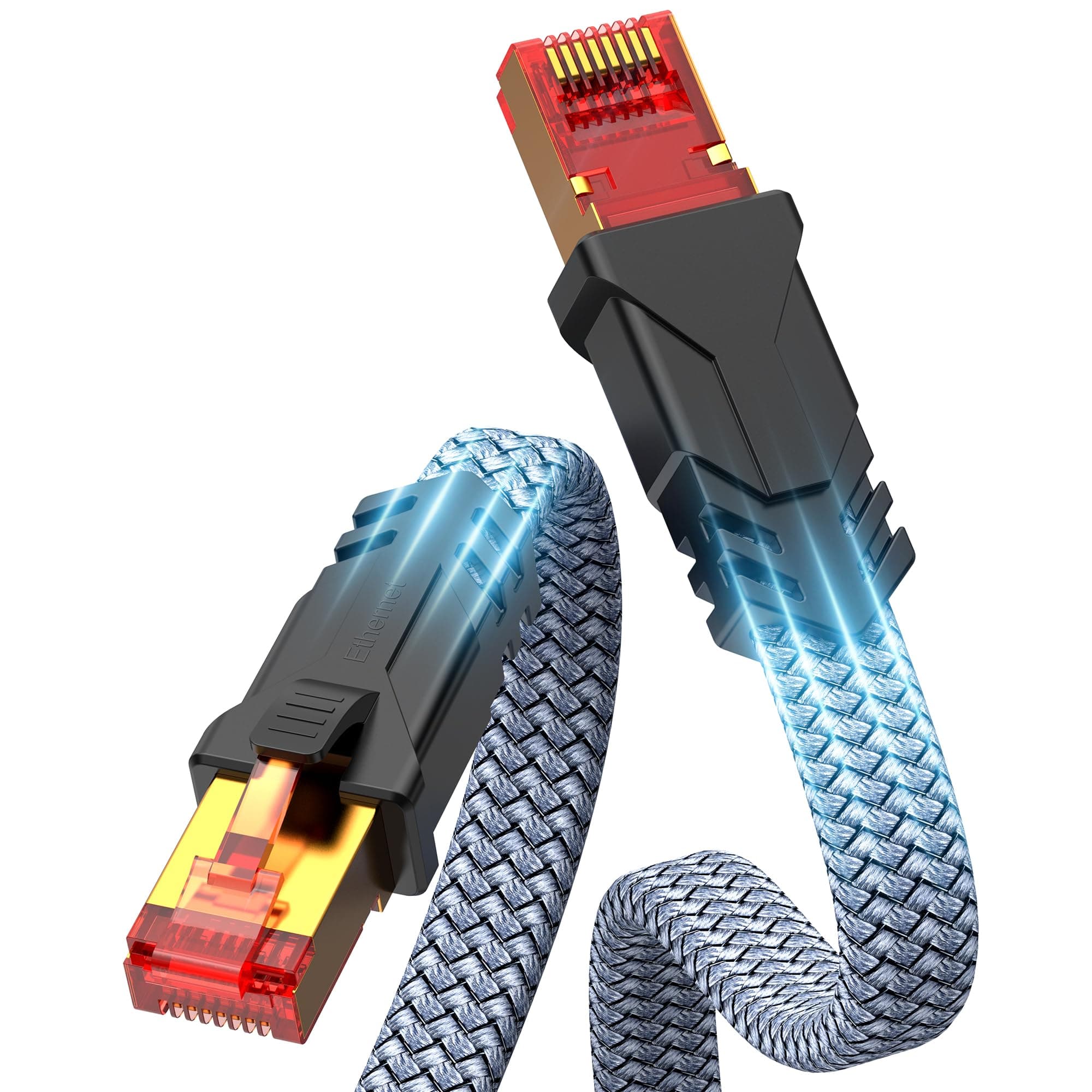 Snowkids Cat 8 Ethernet Cable 10 FT, Flat High Speed 10 FT Ethernet Cable, 40Gbps, 2000Mhz Braided High Duty Long Ethernet Cable, Gold Plated RJ45 Connector for Modem/Router/PS3/4/5/Gaming/PC