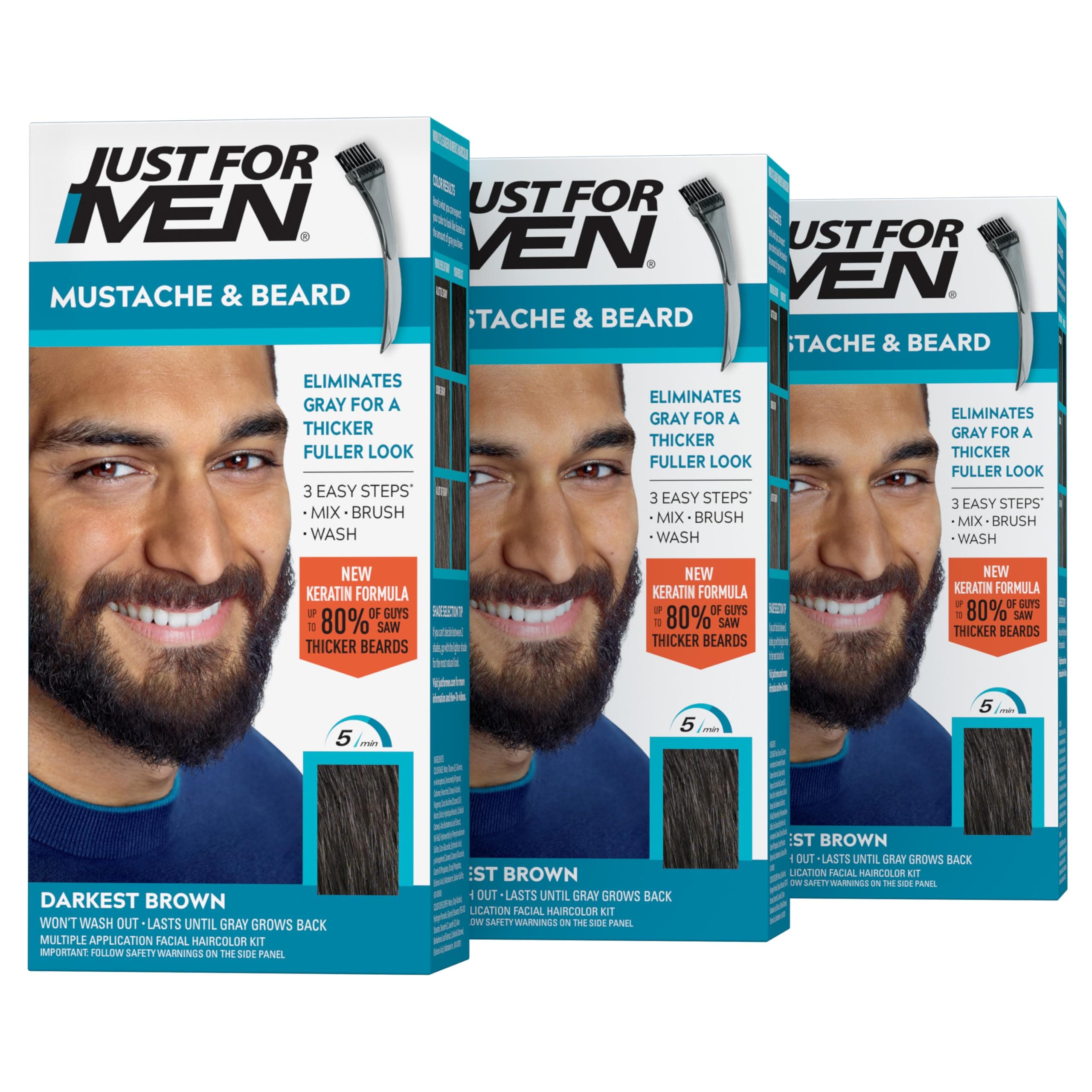 Just For Men Mustache & Beard, Beard Coloring for Gray Hair with Brush, With Keratin Biotin Aloe and Coconut Oil for Healthy Facial Hair - Darkest Brown, M-50, Pack of 3 (Packaging May Vary)