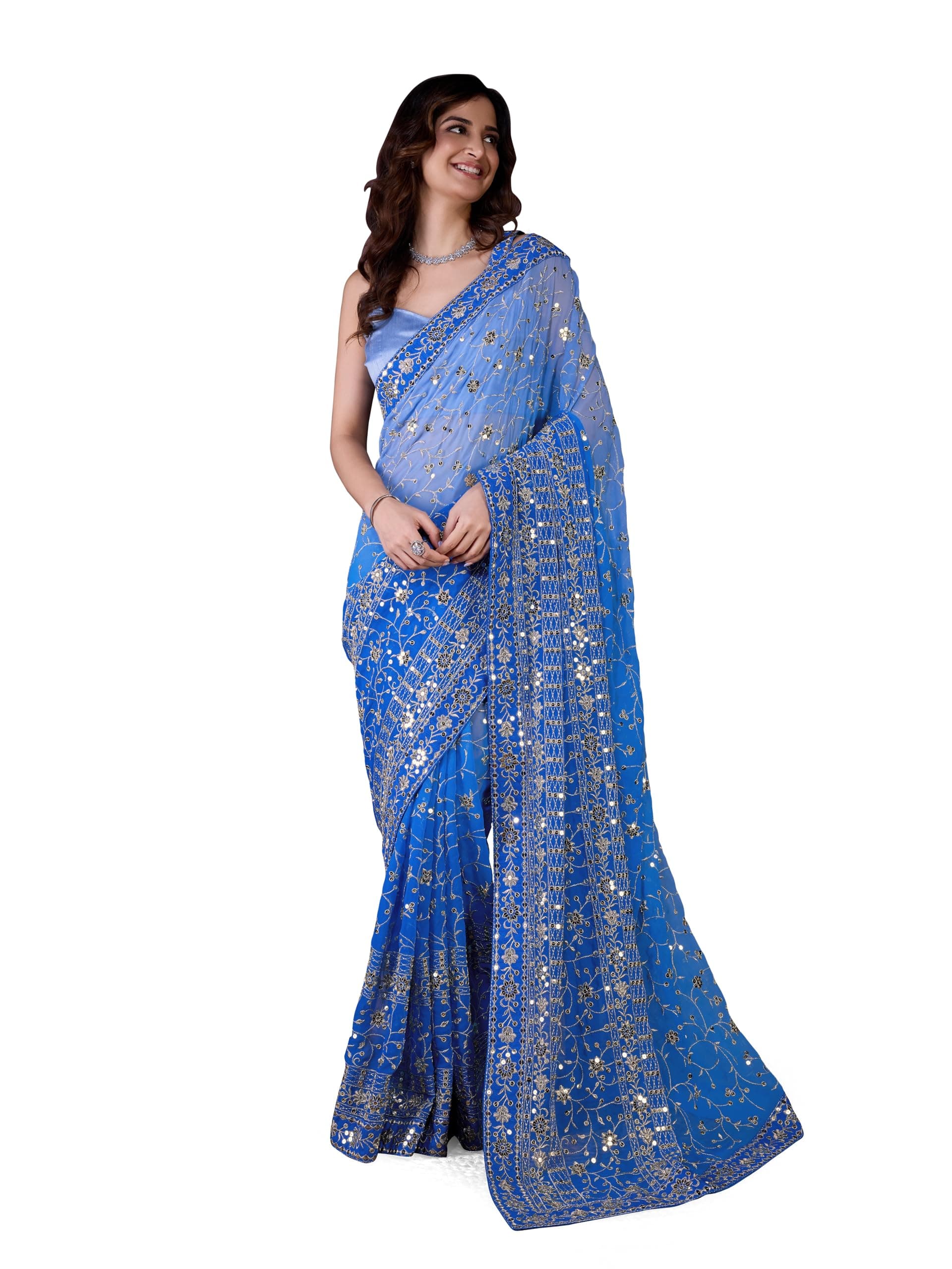 – Women's Georgette Sequence with Embroidery work Saree with Unstitched Blouse Piece (K963-Skyblue)