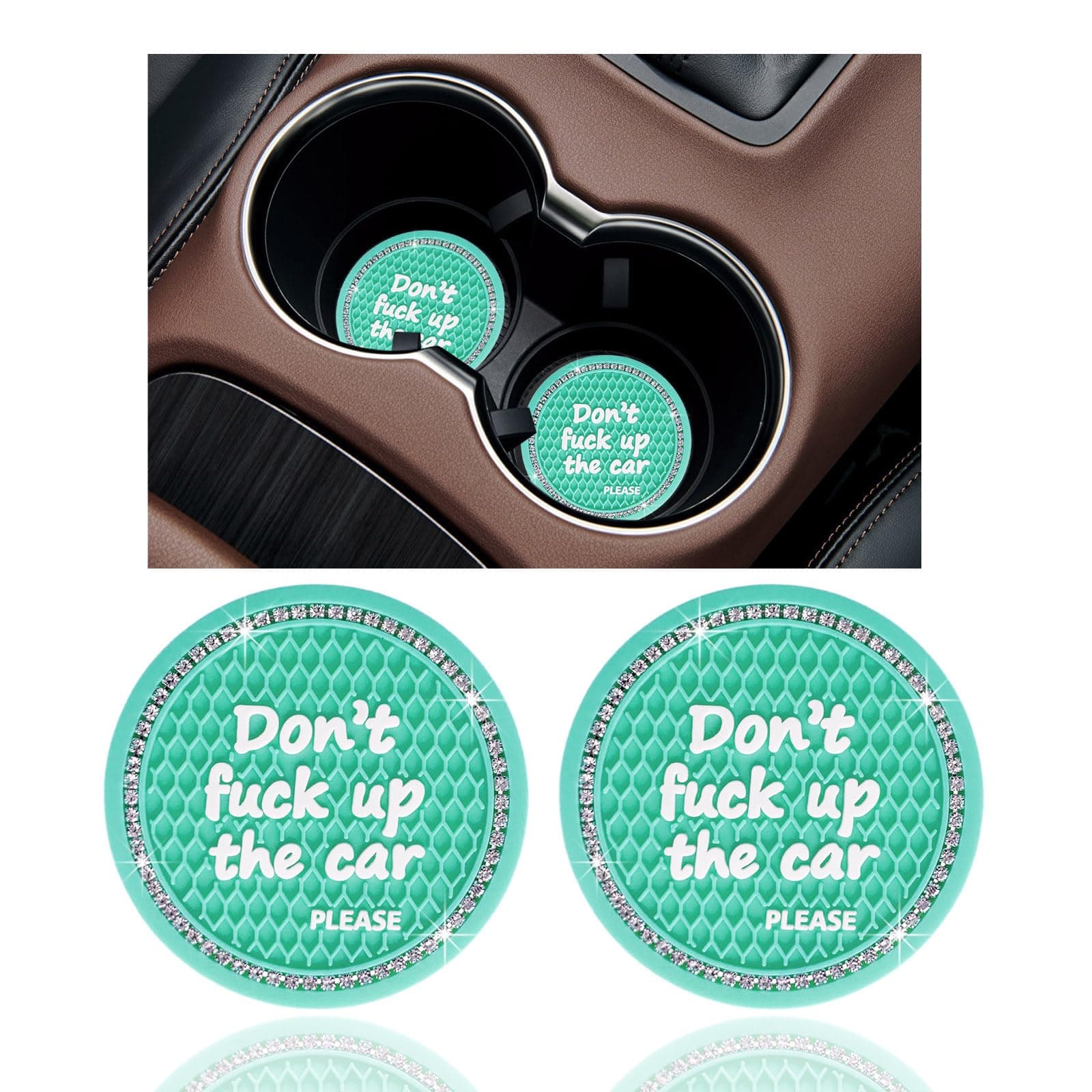 Ziciner 2 Pack Bling Car Cup Holder Coaster, 2.75 Inch Anti-Slip Auto Insert Cup Coaster, Crystal Car Drink Cup Mat Perfect for Women Girls, Universal Interior Decor Accessories (Mint Green)