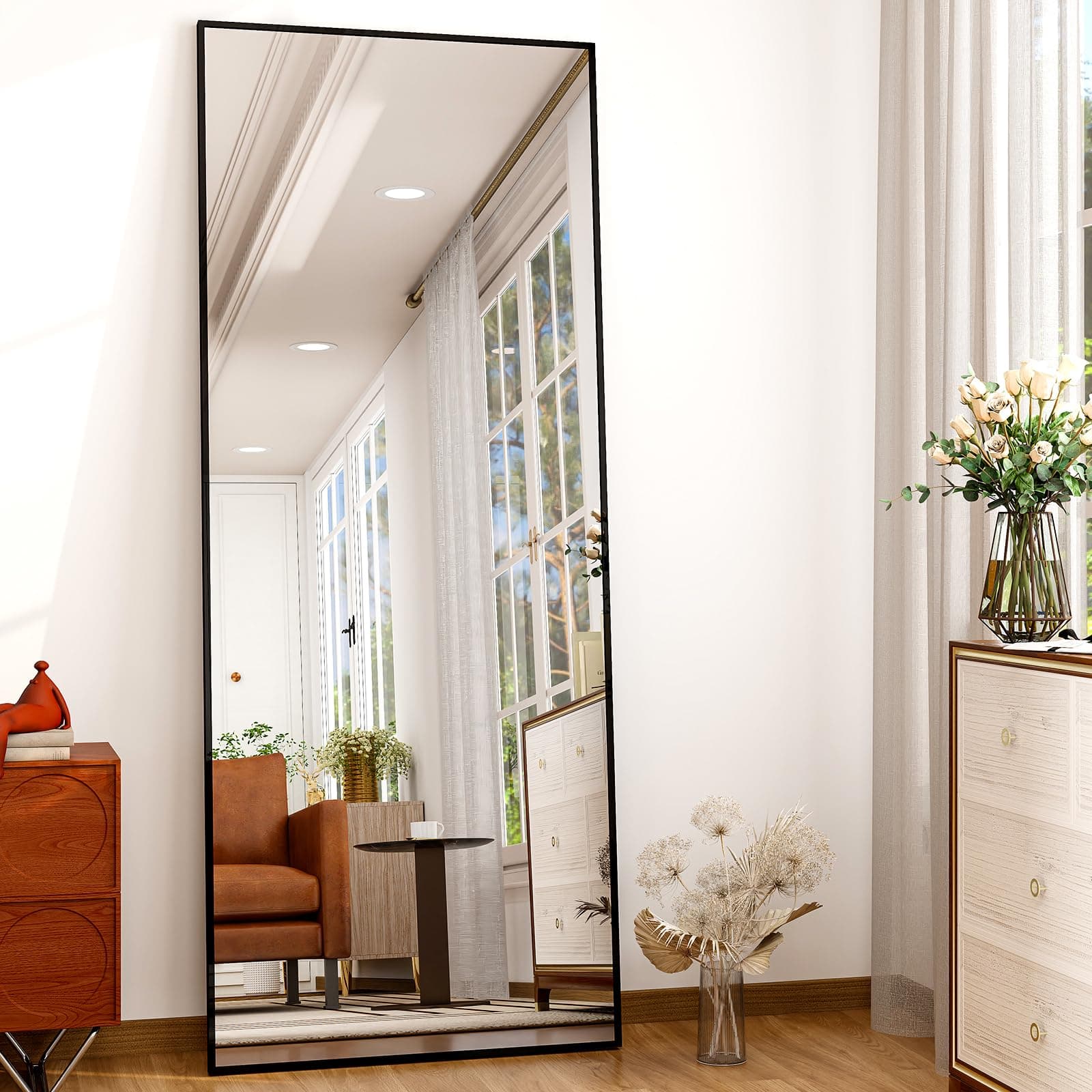 Full Length Mirror 64"x21" Black, Rectangle Wall-Mounted or Standing Full Body Mirror for Bedroom, Living Room, Dressing Floor Mirror