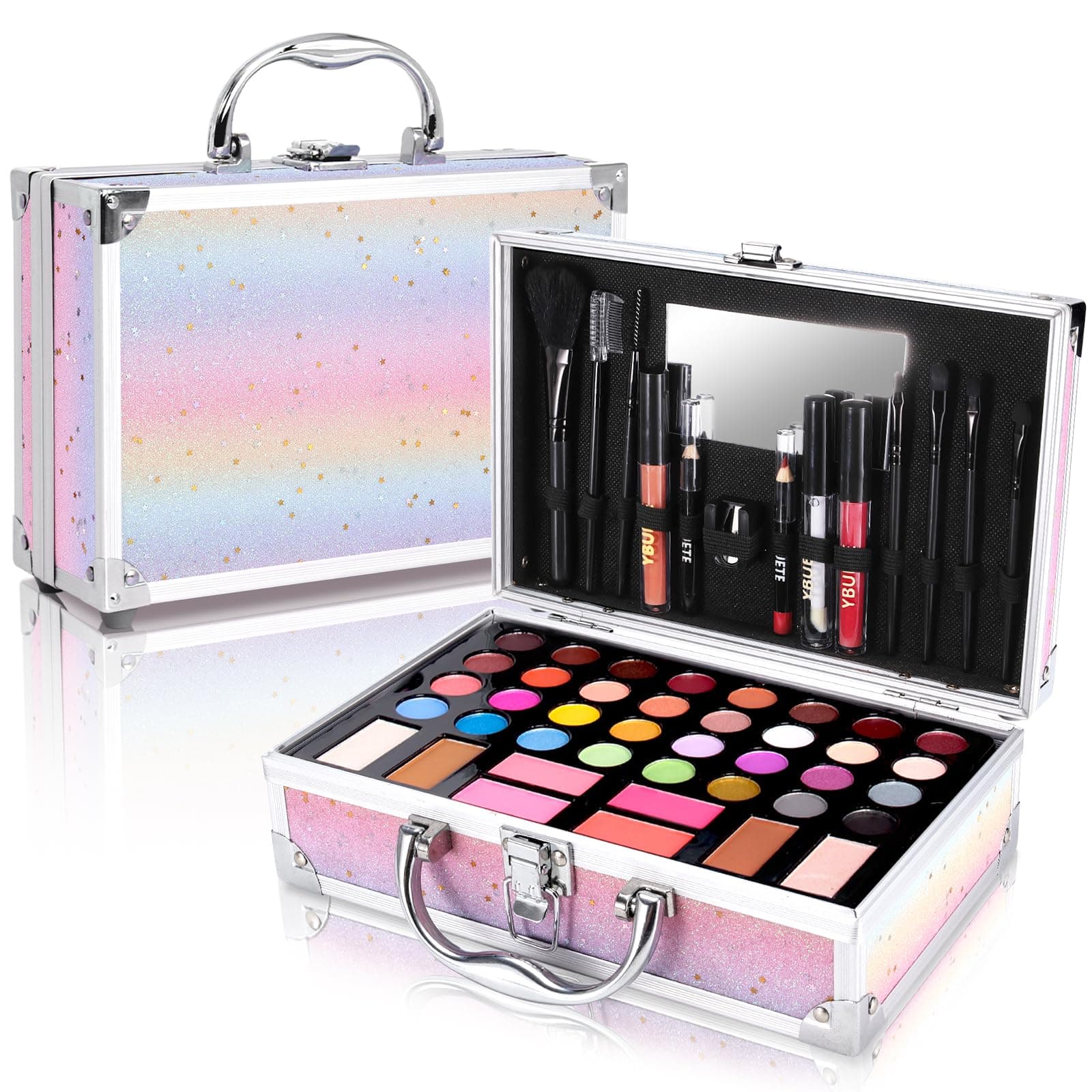 Beginner Makeup Kit for Teen,Makeup Set for Girl Women,Beginner Makeup Kit with Cosmetic Train Case Included 32 Colors Eyeshadow Blush Contour Lip Gloss Lip Liner Eyeliner Brush Set Mirror