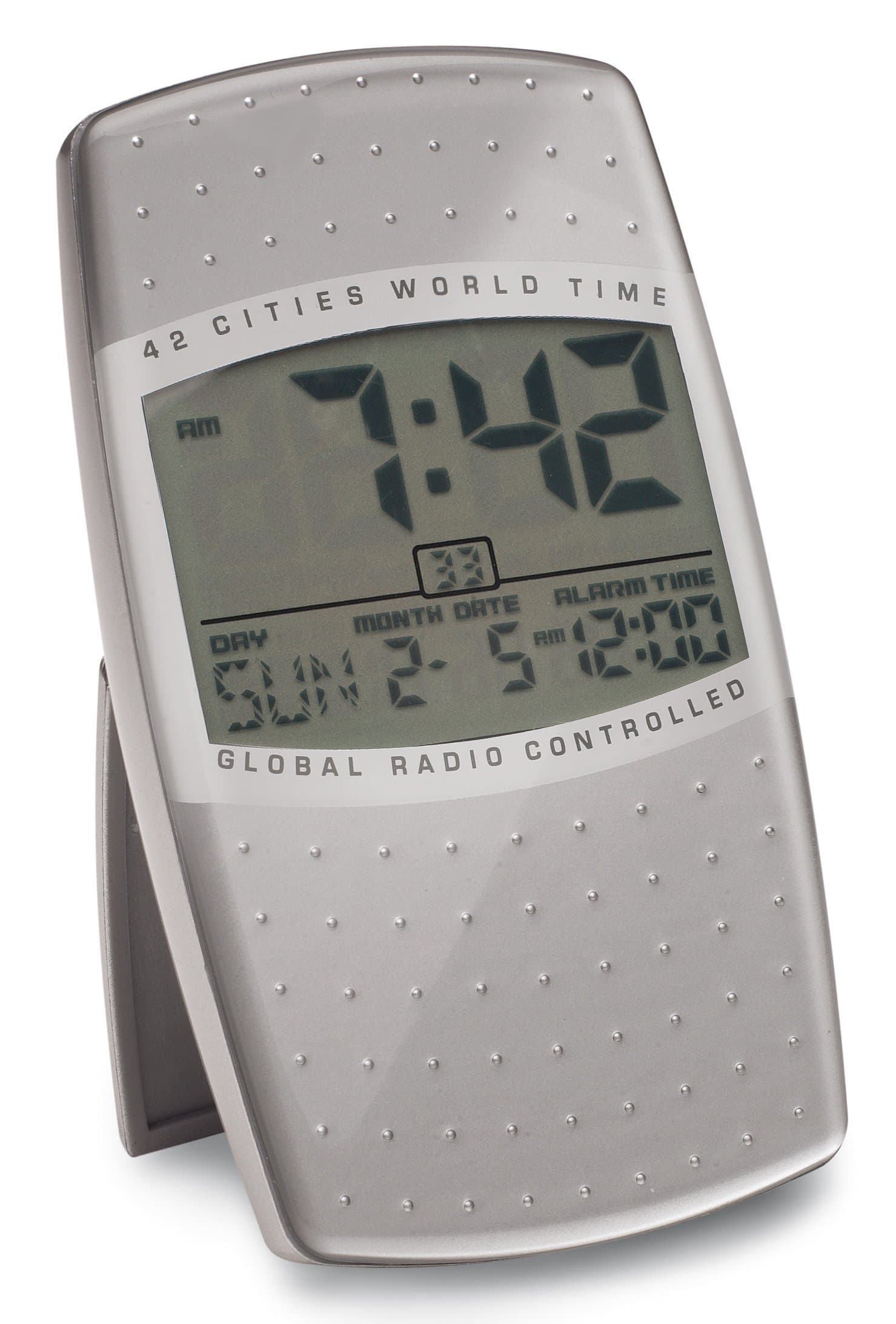 MSF Radio Controlled Clock with Display and Backlight, Choice of Radio Signals, DCF, Wwwb, JJY at a local Time With Snooze, World Clock, Day, Date, Alarm Function (Cities) 12/24 Hour Display, Keylock Hinged Base, Silver, Plastic, (2 x AAA Batteries Includes CE N) Supplied in Gift Bag