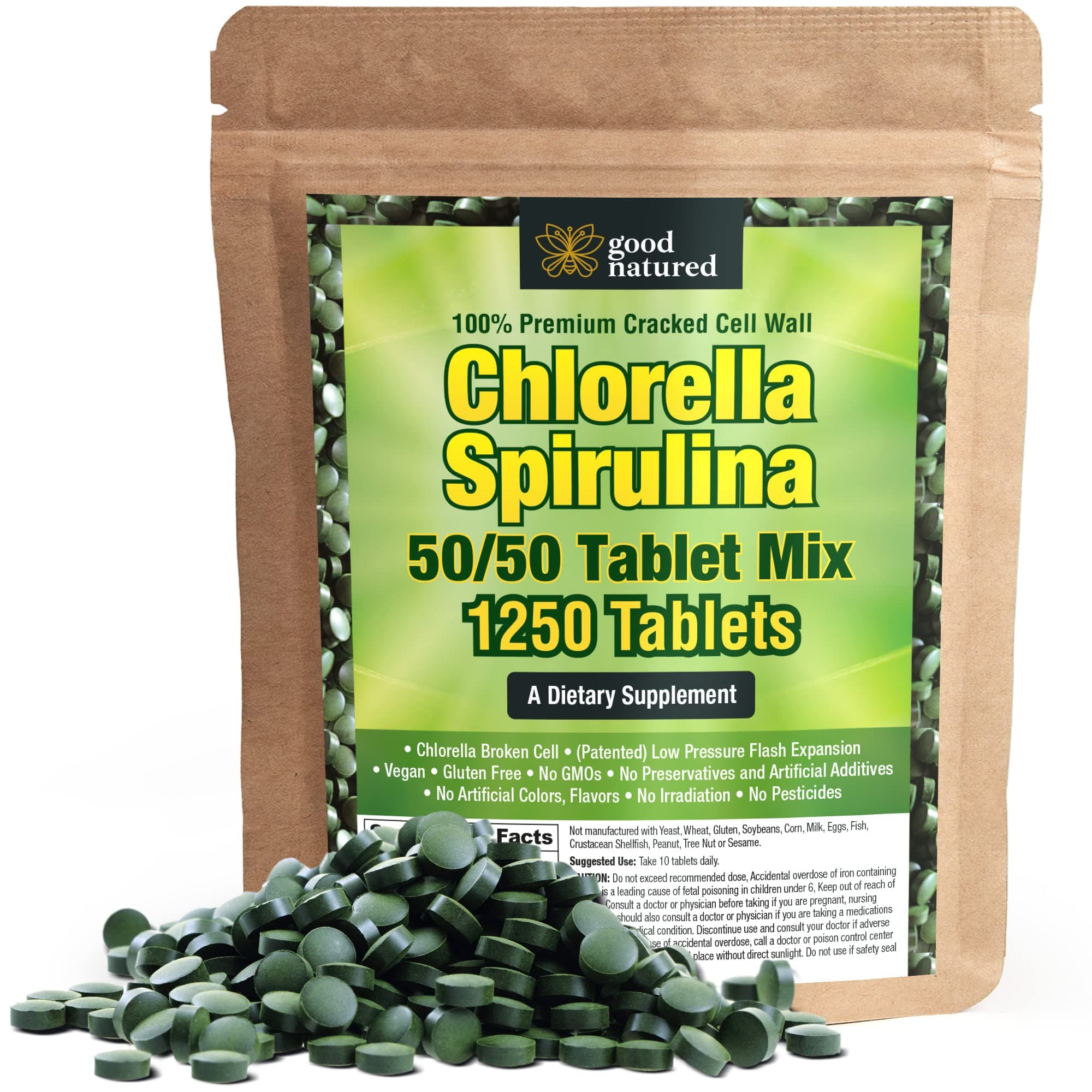 Chlorella Spirulina Tablets 80-DAY-SUPPLY 1250 Tablets - Non GMO - Sunlight Grown - Deep Green Color - Cracked Cell Wall - Alkalyzing - High Protein -...