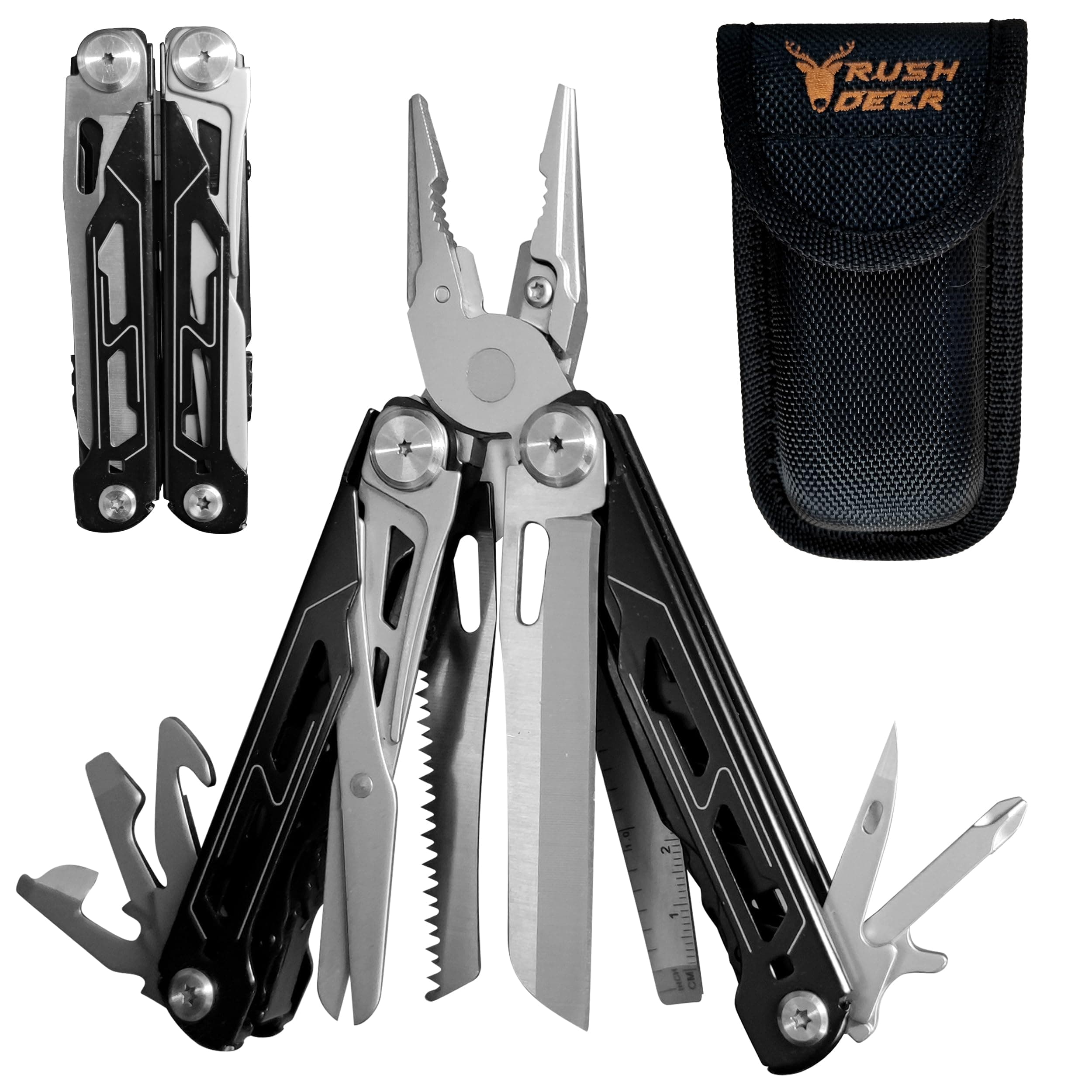 RUSH DEER Multi-Tool 18-in-1 Essential Survival Tools and Multitools Plier- Gift for Men-Versatile Camping Tool Kit-ultimate versatile toolkit For DIY, Outdoor-Black